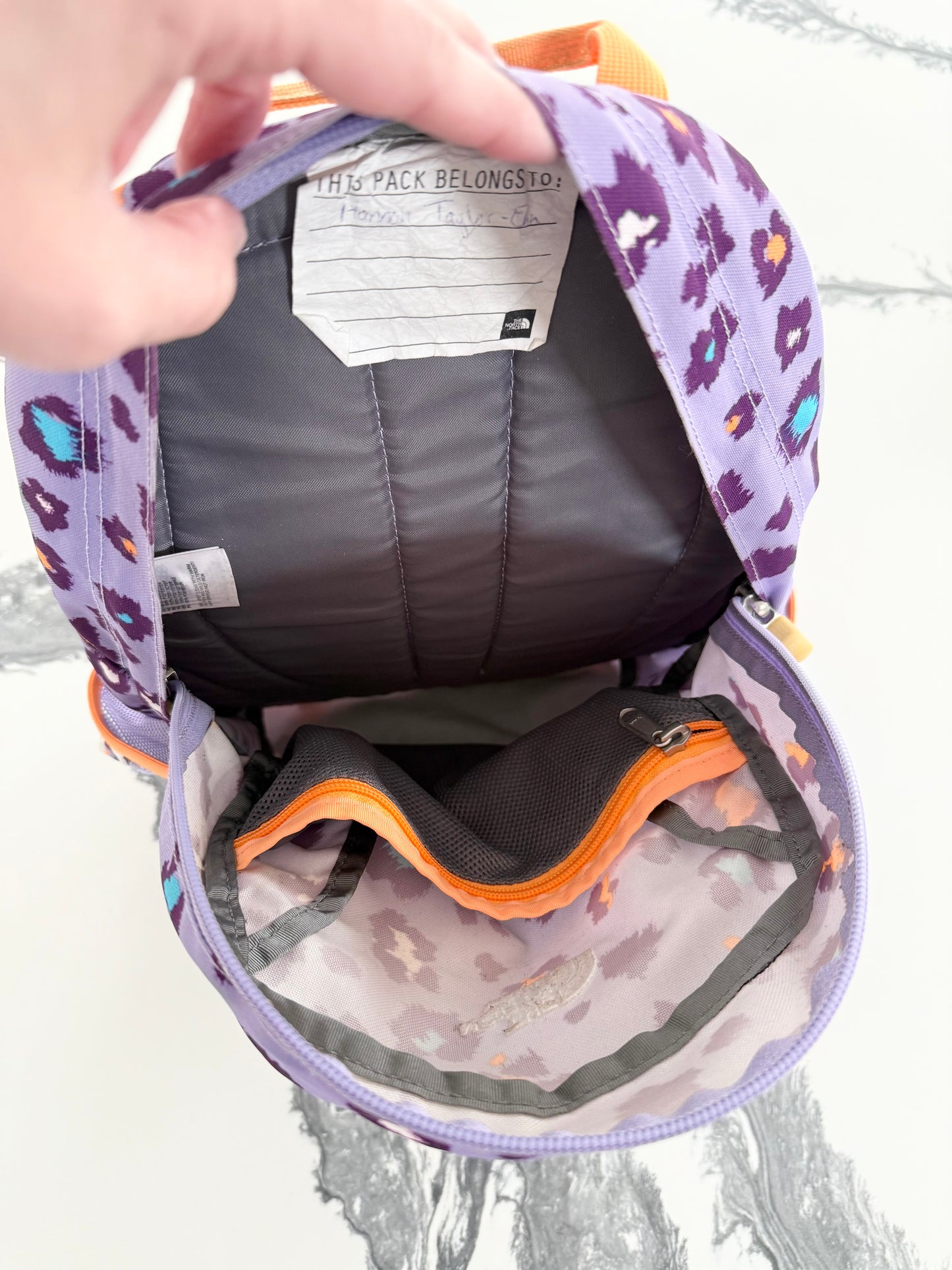 The North Face Recon Squash Violet Tulip Purple Leopard Floral “Happy Camper” Backpack - Youth