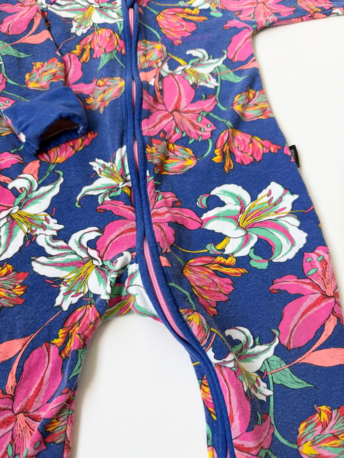 Bonds Wondersuit Blue & Paisly Pink Floral Sleeper Romper (6-12 Months)