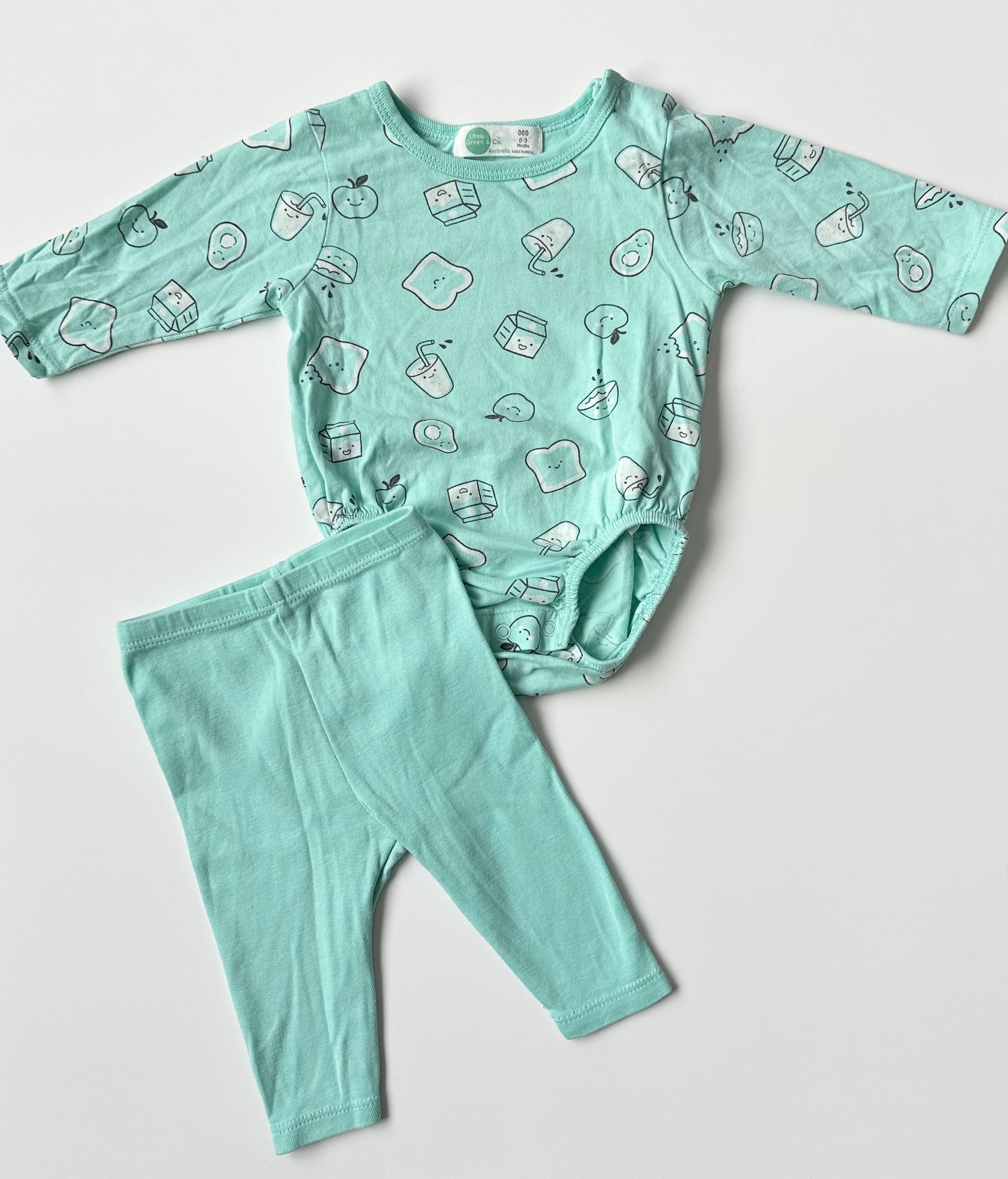 Little Green & Co. Mint Lunch Time Long Sleeve Onesie & Pants Set (0-3 Months)