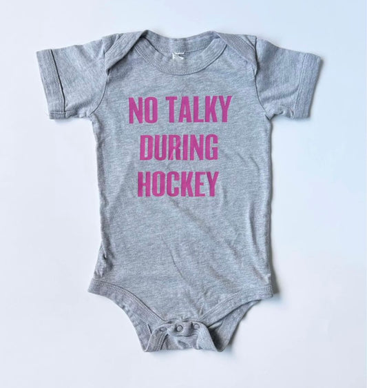 Portage & Main Pink “No Talking During Hockey” Grey Onesie (6-12 Months)