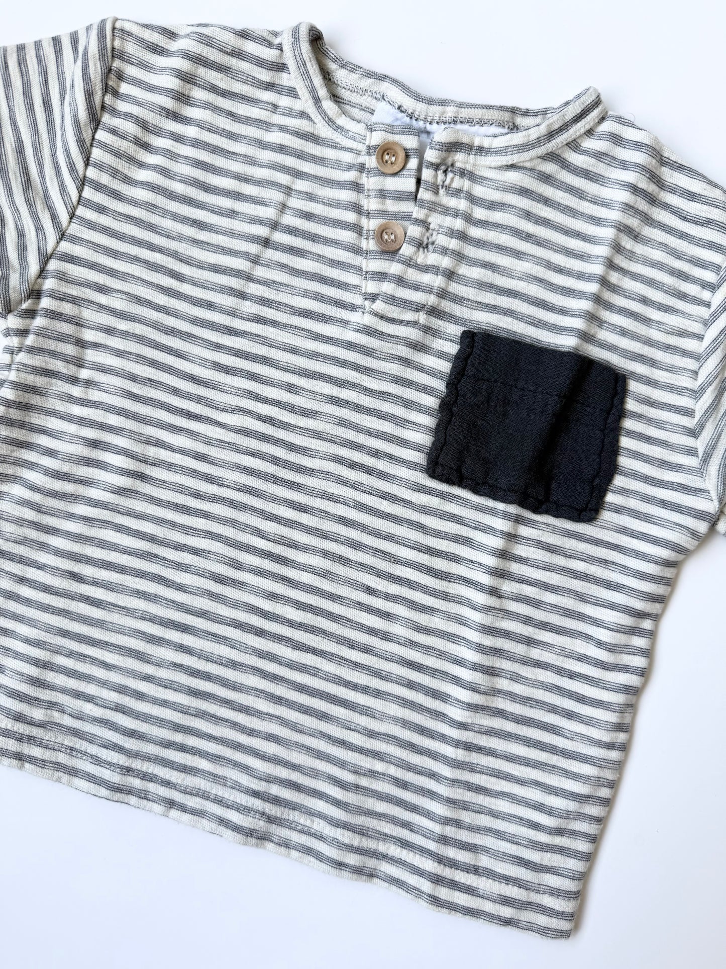 Zara Dark Grey & White Striped Two Button Pocket T-Shirt (3-6 Months)