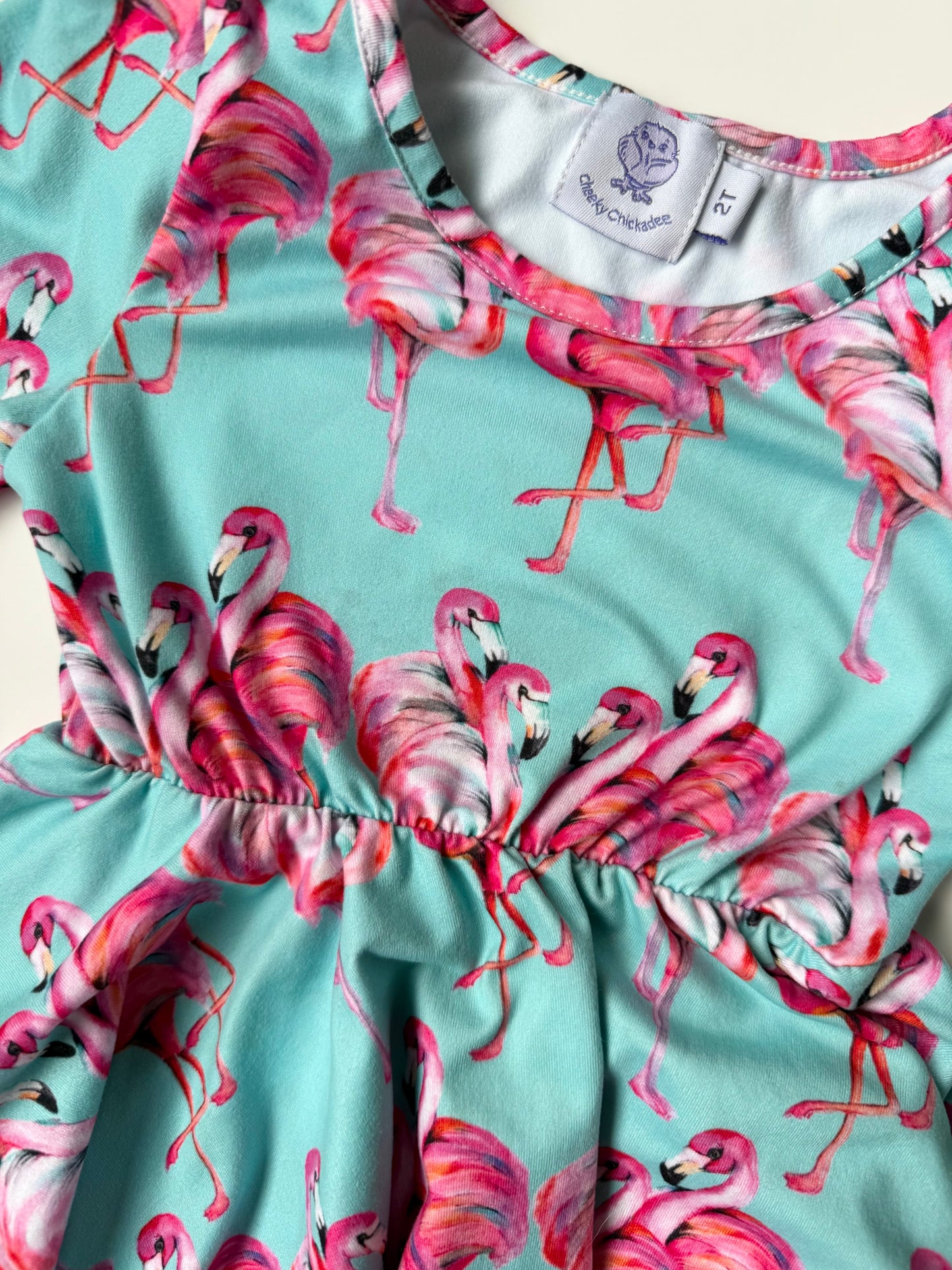 Cheeky Chickadee Blue & Pink Flamingos Short Sleeve Dress (2T)