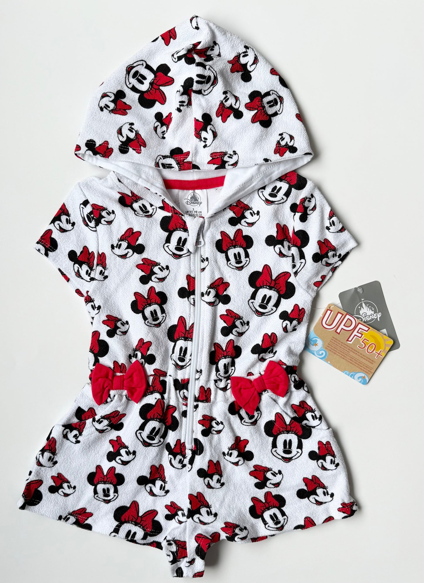 Disney Store Minnie Mouse White & Red Hooded Zip Up Towel Romper - New (3T)