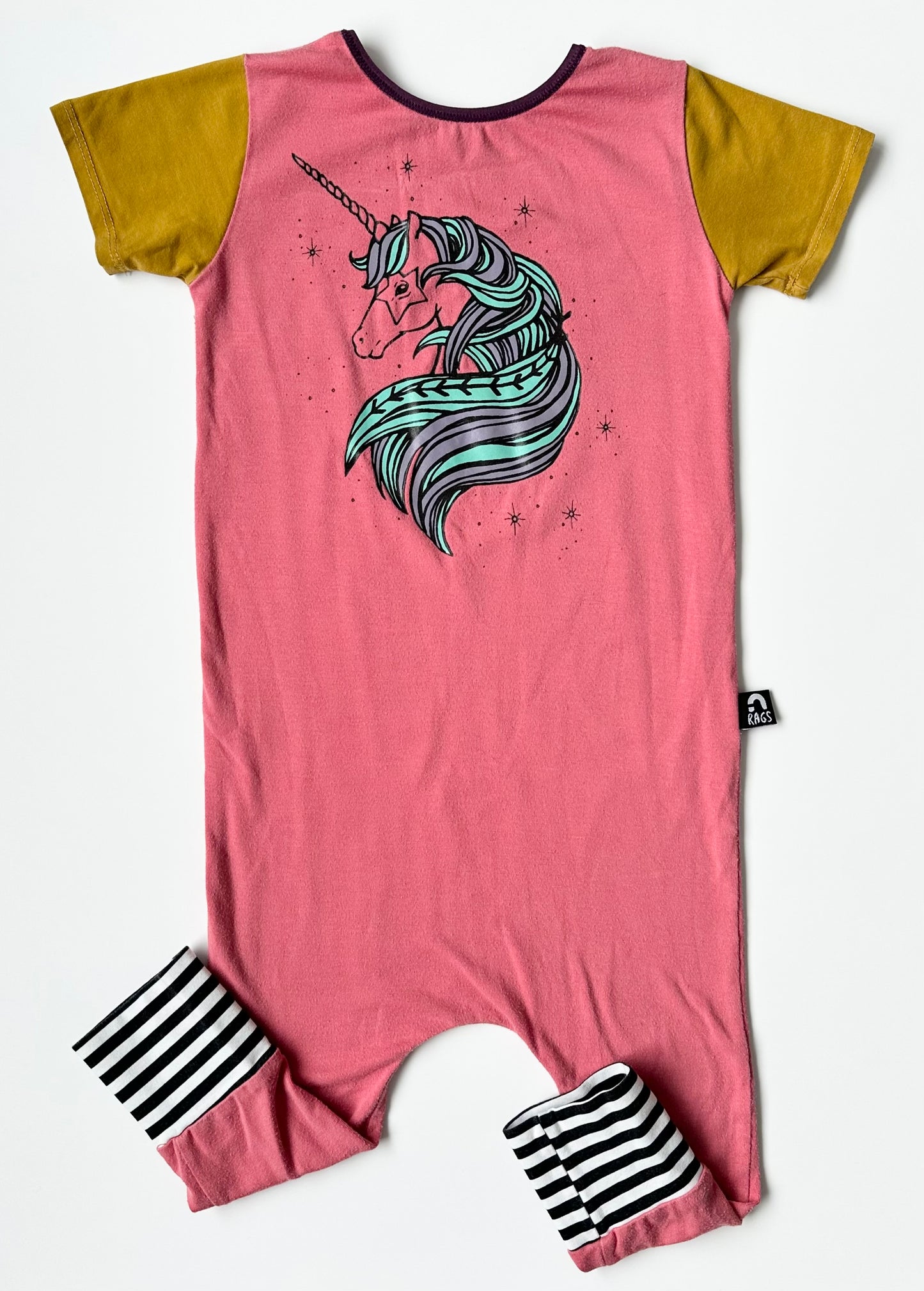 RAGS Pink & Yellow Unicorn With Stripped Cuffs Romper (2T)