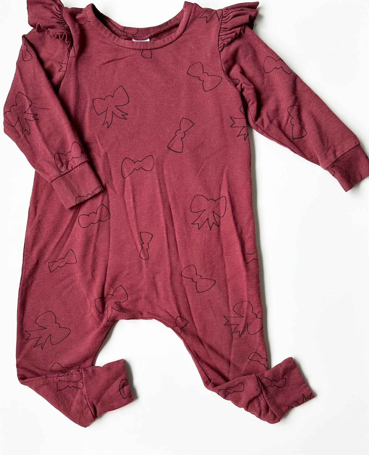 Posh & Cozy Burgundy Ruffle Shoulder Bows Cynthia Long Sleeve Jumpsuit (18-24 Months)