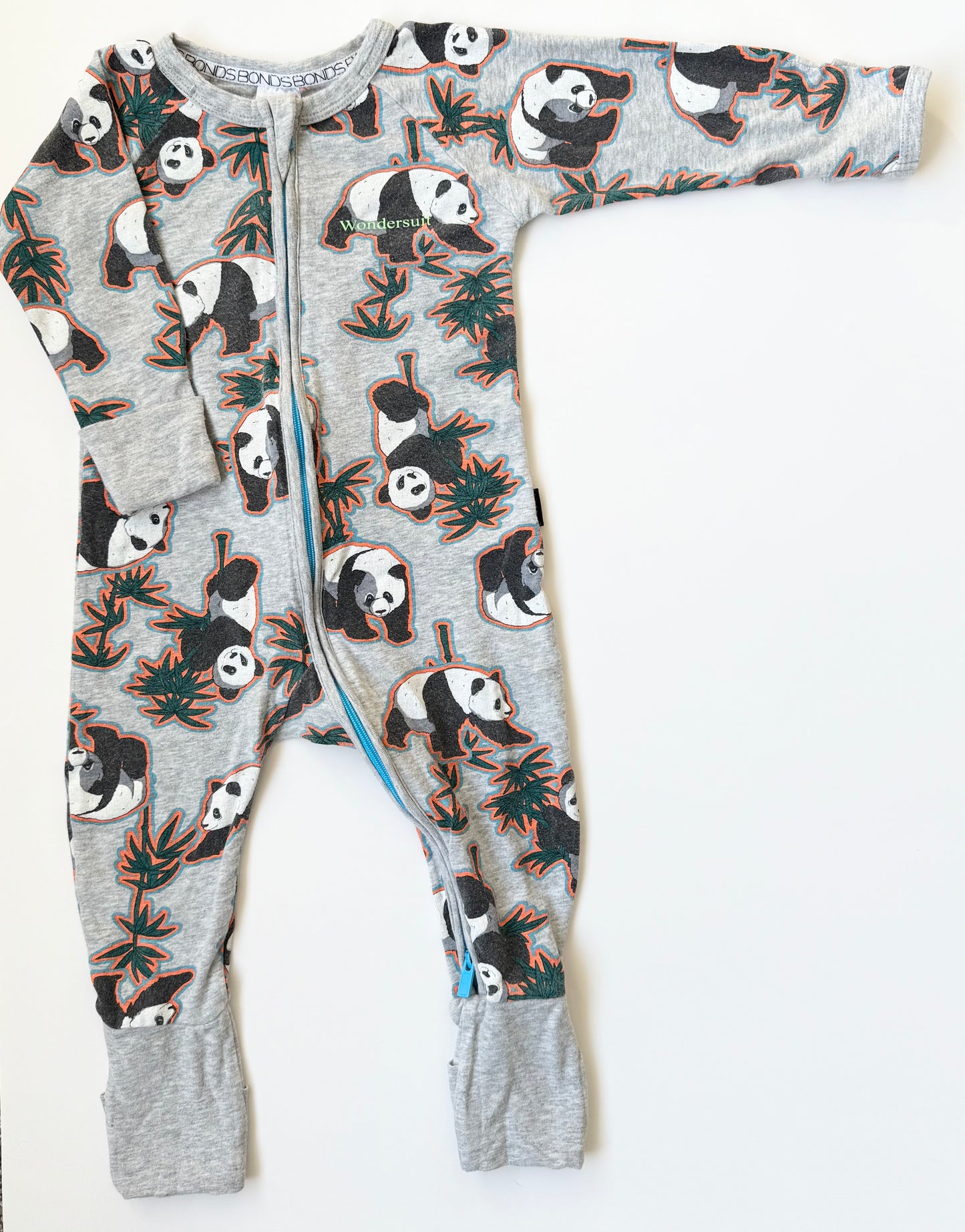Bonds Wondersuit Grey & Neon Pandas Sleeper Romper (6-12 Months)
