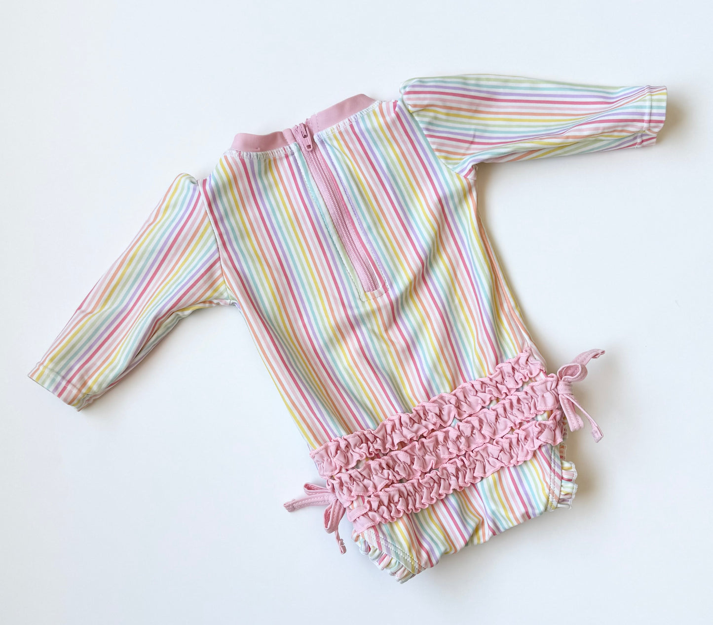 Ruffle Butts Seersucker Long Sleeve Rash Guard One Piece - Rainbow Stripe (3-6 Months)