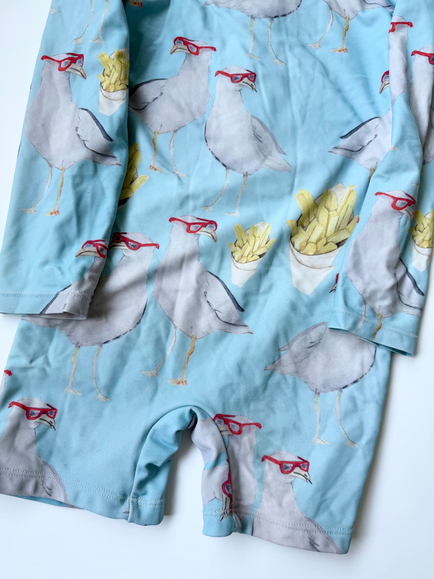 Cheeky Chickadee Light Blue Seagull Fries Long Sleeve Rashguard One Piece Swimsuit (5T)