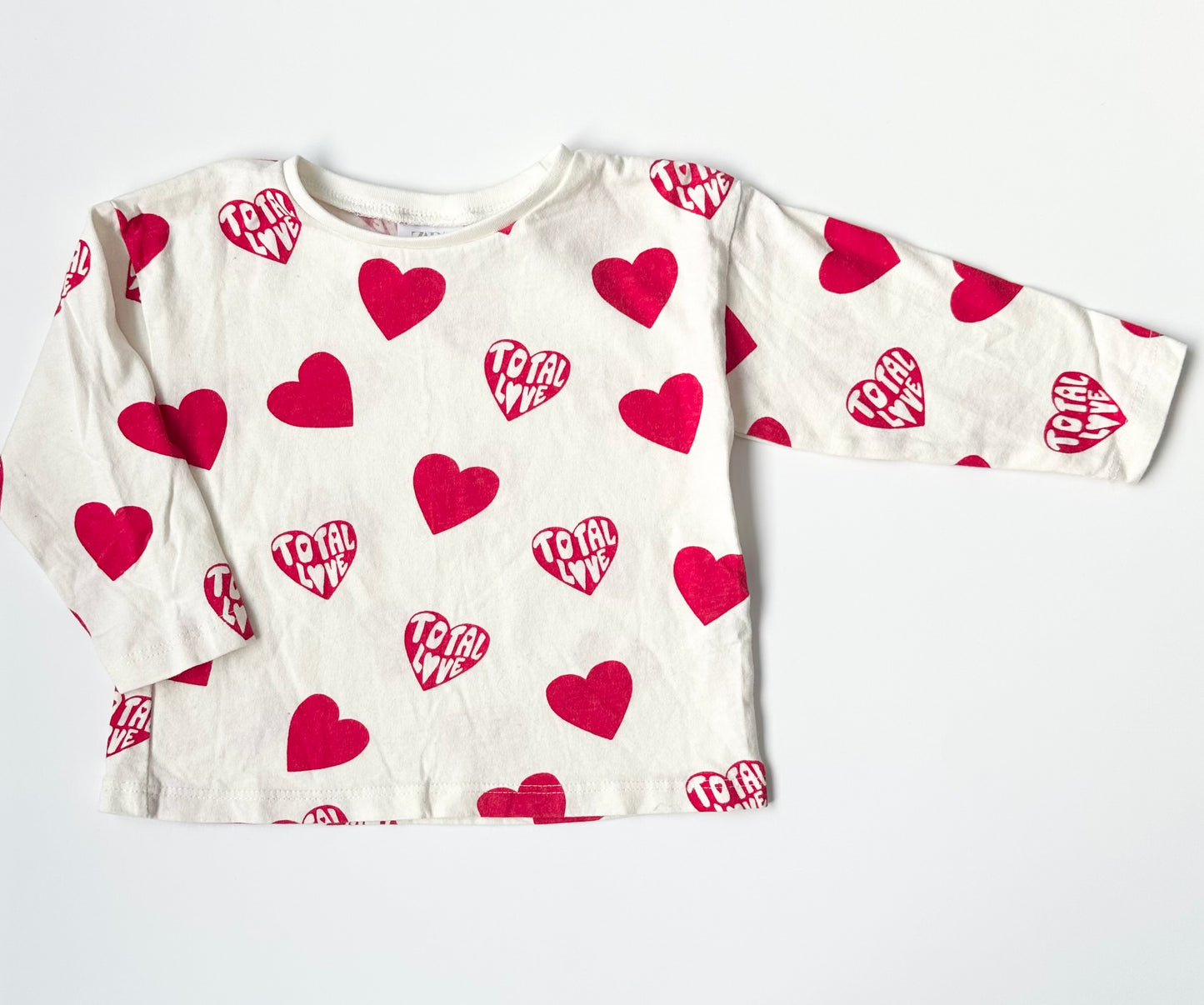 Zara White & Red Hearts “Total Love” Long Sleeve (6-9 Months)