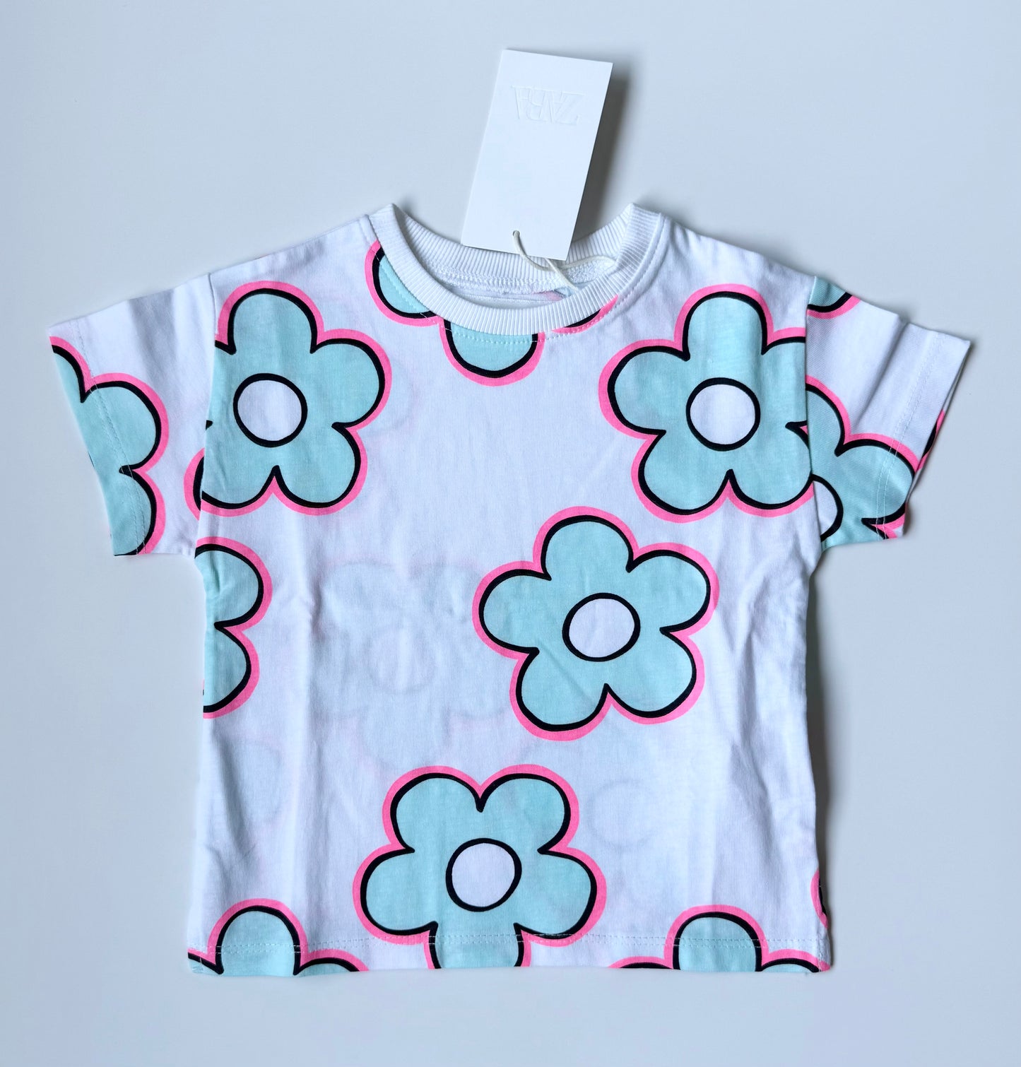 Zara White & Neon Flowers T-Shirt (18 Months)