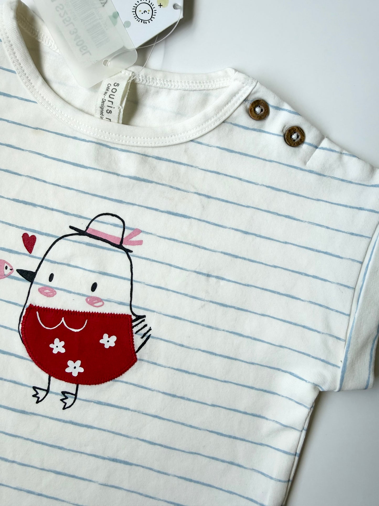 Souris Mini White & Blue Striped Birdie Short Sleeve - New (6-9 Months)