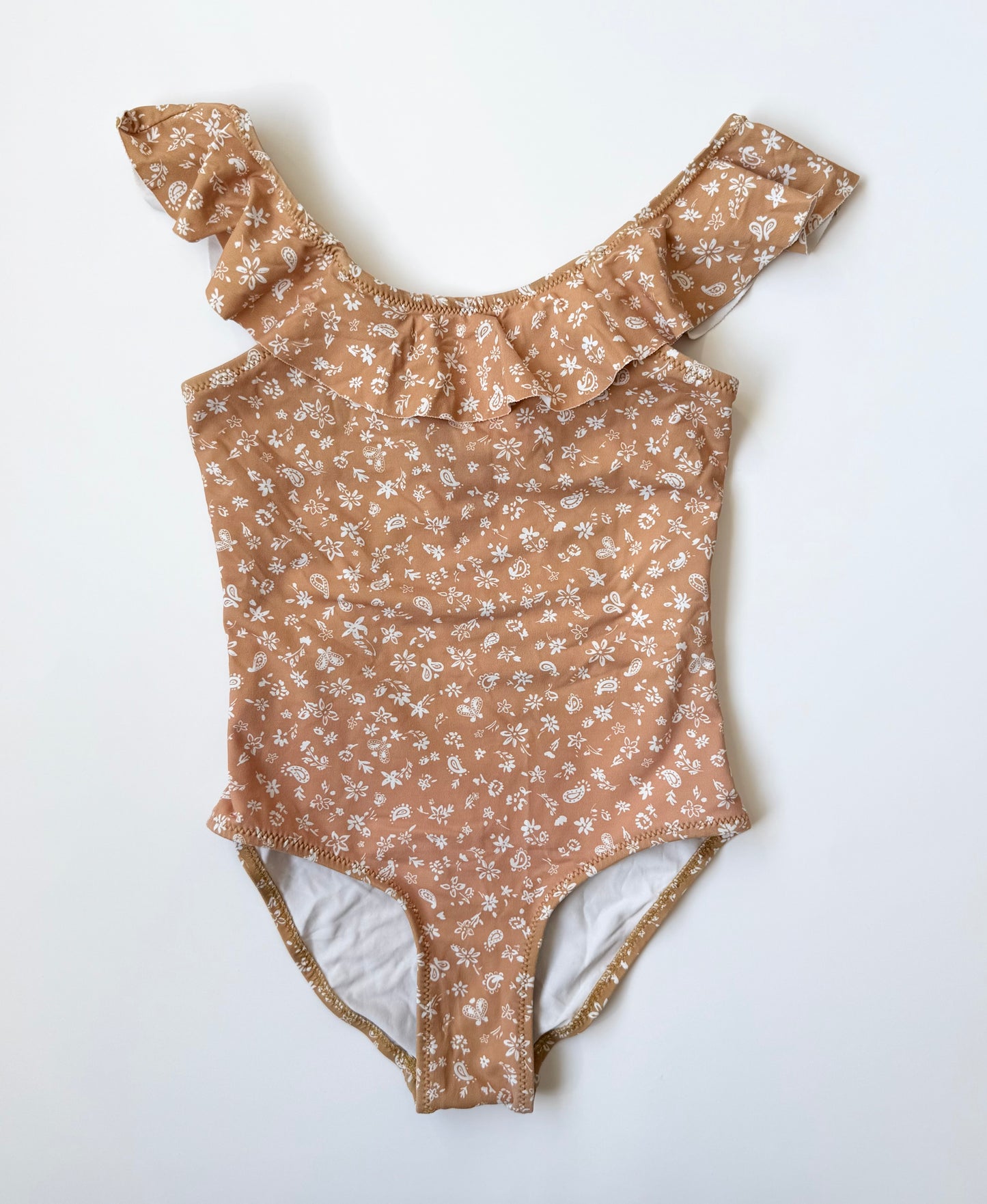 Zara Light Brown & Dainty White Florals Ruffle Collar One Piece Swimsuit (4-5 Years)