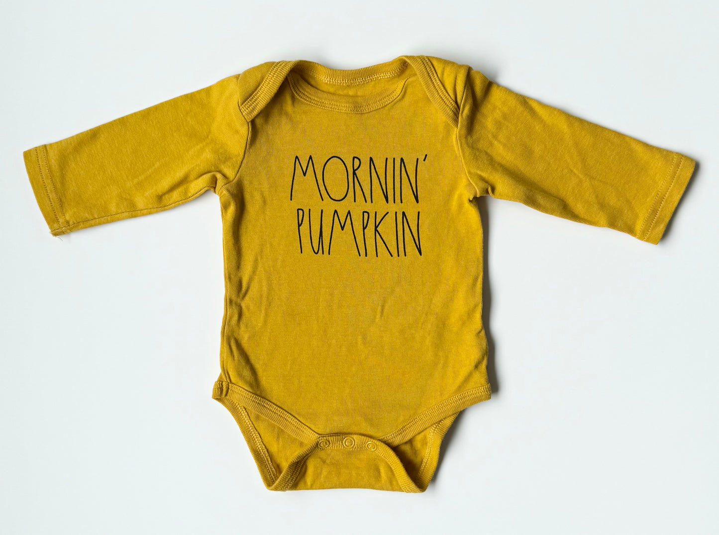 Rae Dunn Dark Yellow “Mornin’ Pumpkin” Long Sleeve Bodysuit (3-6 Months)