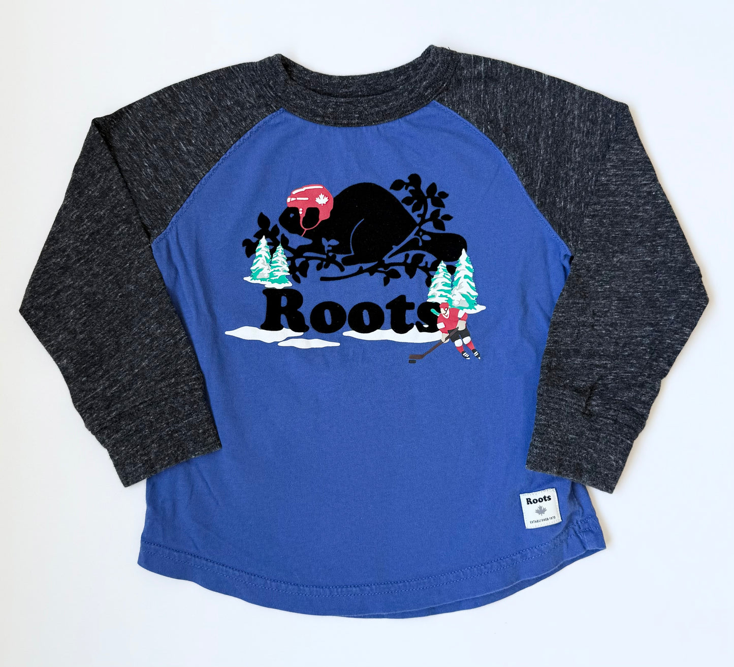 Roots Kids Blue & Grey Hockey Beaver Long Sleeve (3T)