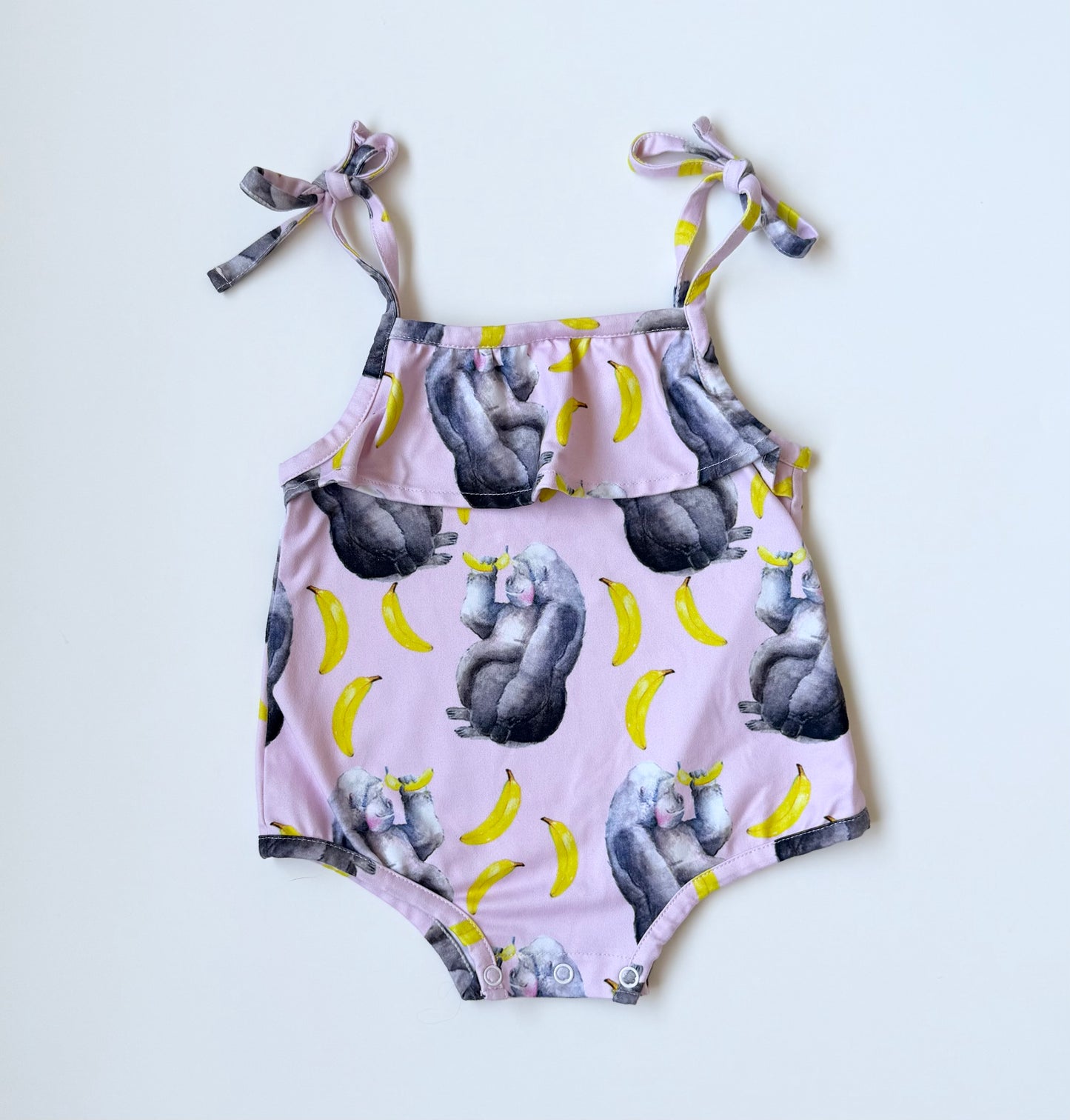 Cheeky Chickadee Pink Gorilla & Bananas Summer Romper (6-12 Months)