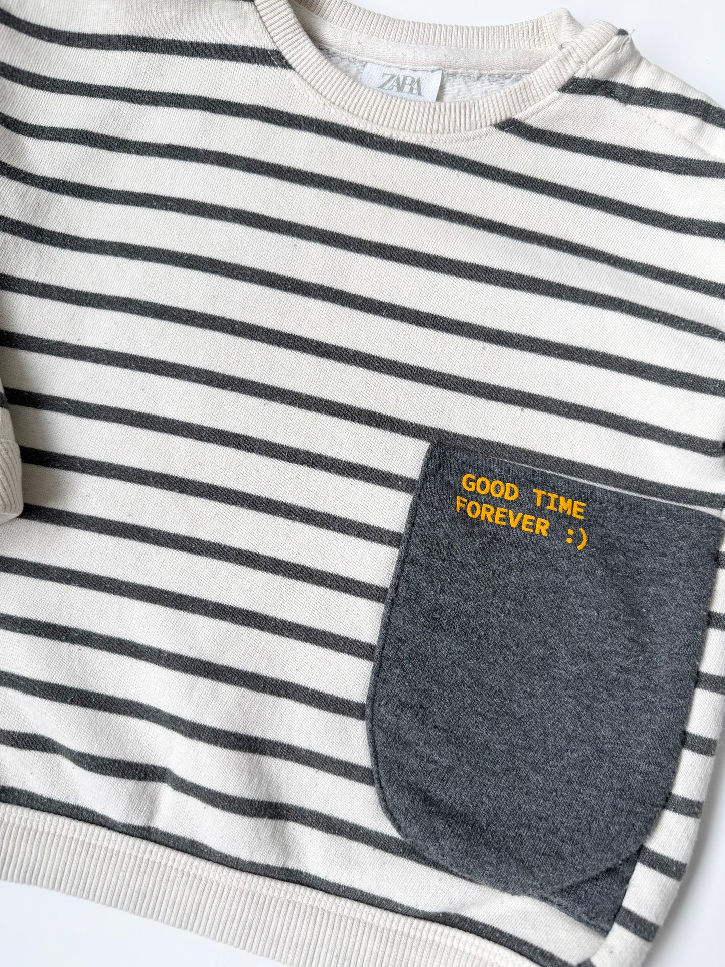 Zara White & Grey Striped “Good Time Forever” Crewneck Sweater (18-24 Months)