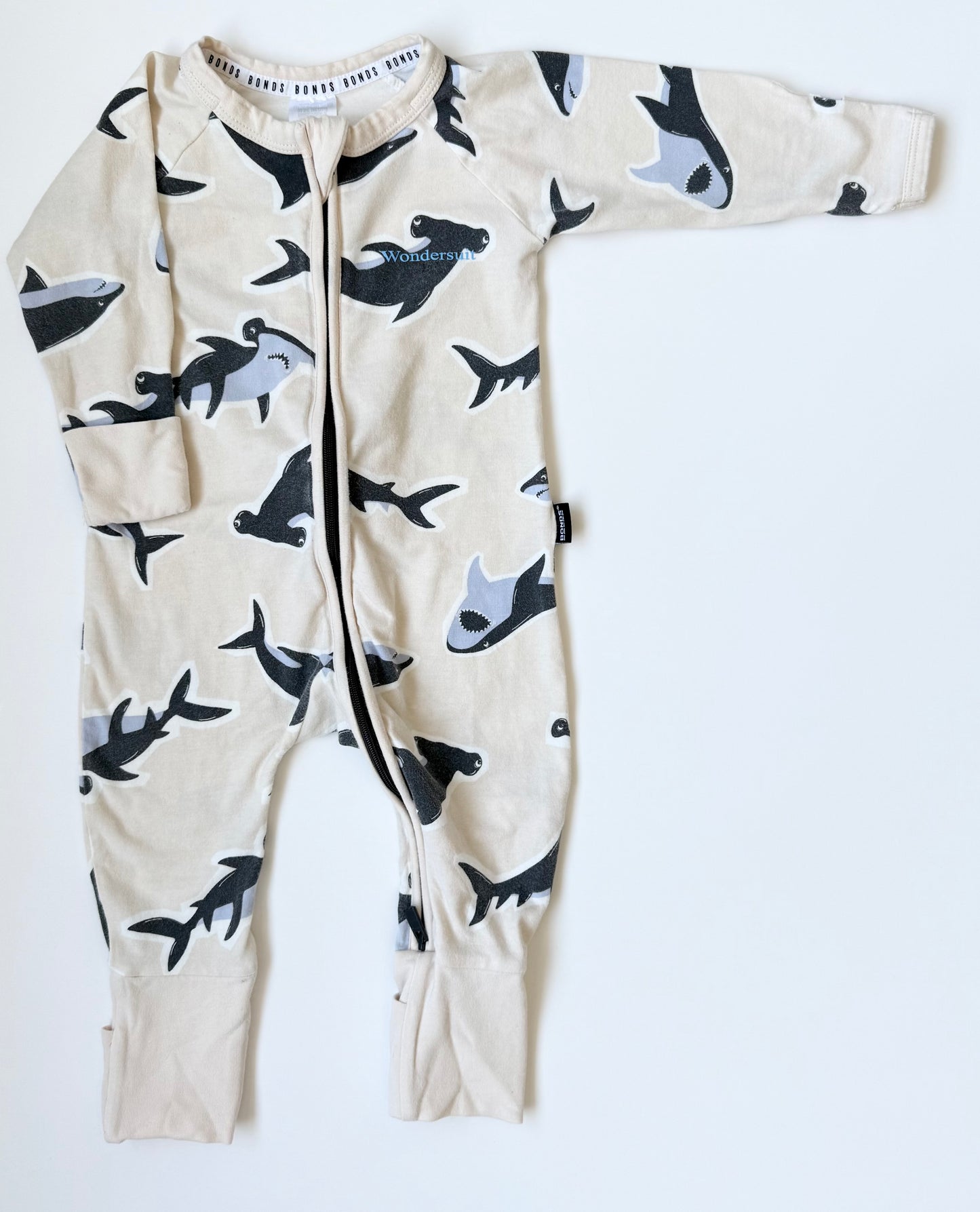 Bonds Wondersuit Off White & Hammer Head Sharks Sleeper Romper (3-6 Months)