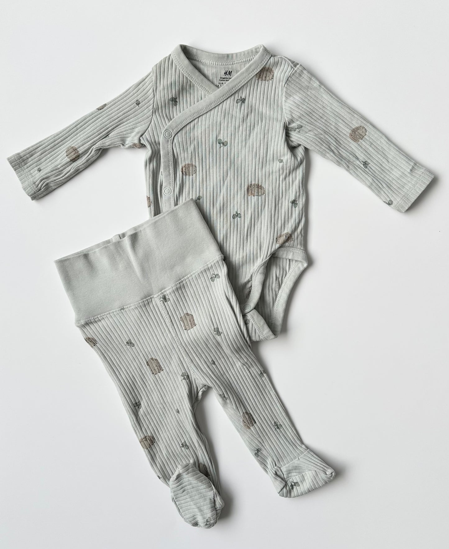 H&M Green Hedgehogs Long Sleeve Onesie & Footed Pants Set (1-2 Months)