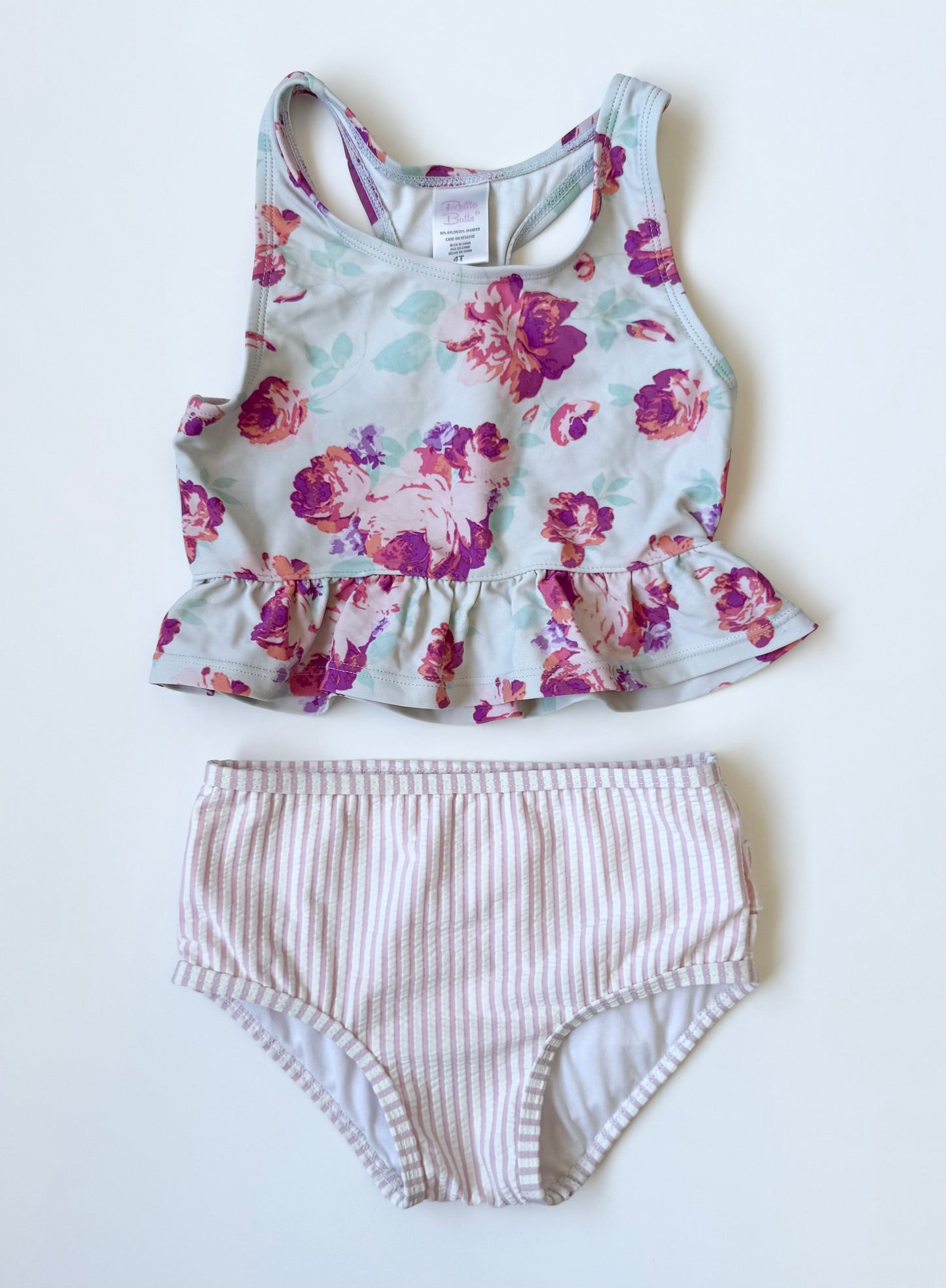 Ruffle Butts Light Blue Floral Peplum Tank & Pink Stripped Bottoms Two Piece Swimsuit (4T)