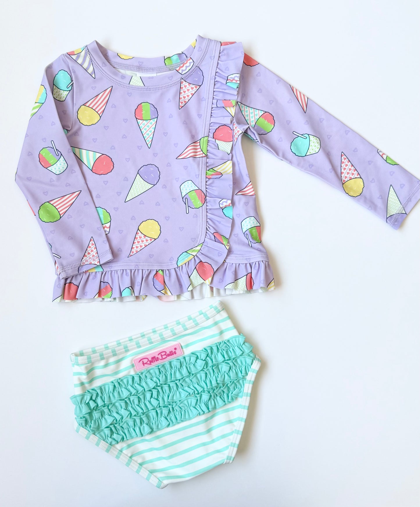 Ruffle Butts Purple Snow Cones Long Sleeve Top & Mint Stripped Bottoms Two Piece Swimsuit - New (2T)