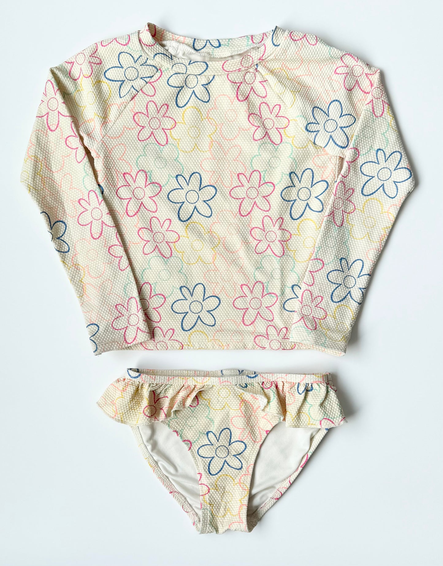 Old Navy Light Yellow Colourful Flowers Pebbled Long Sleeve Two Piece Swimsuit Set (5T)