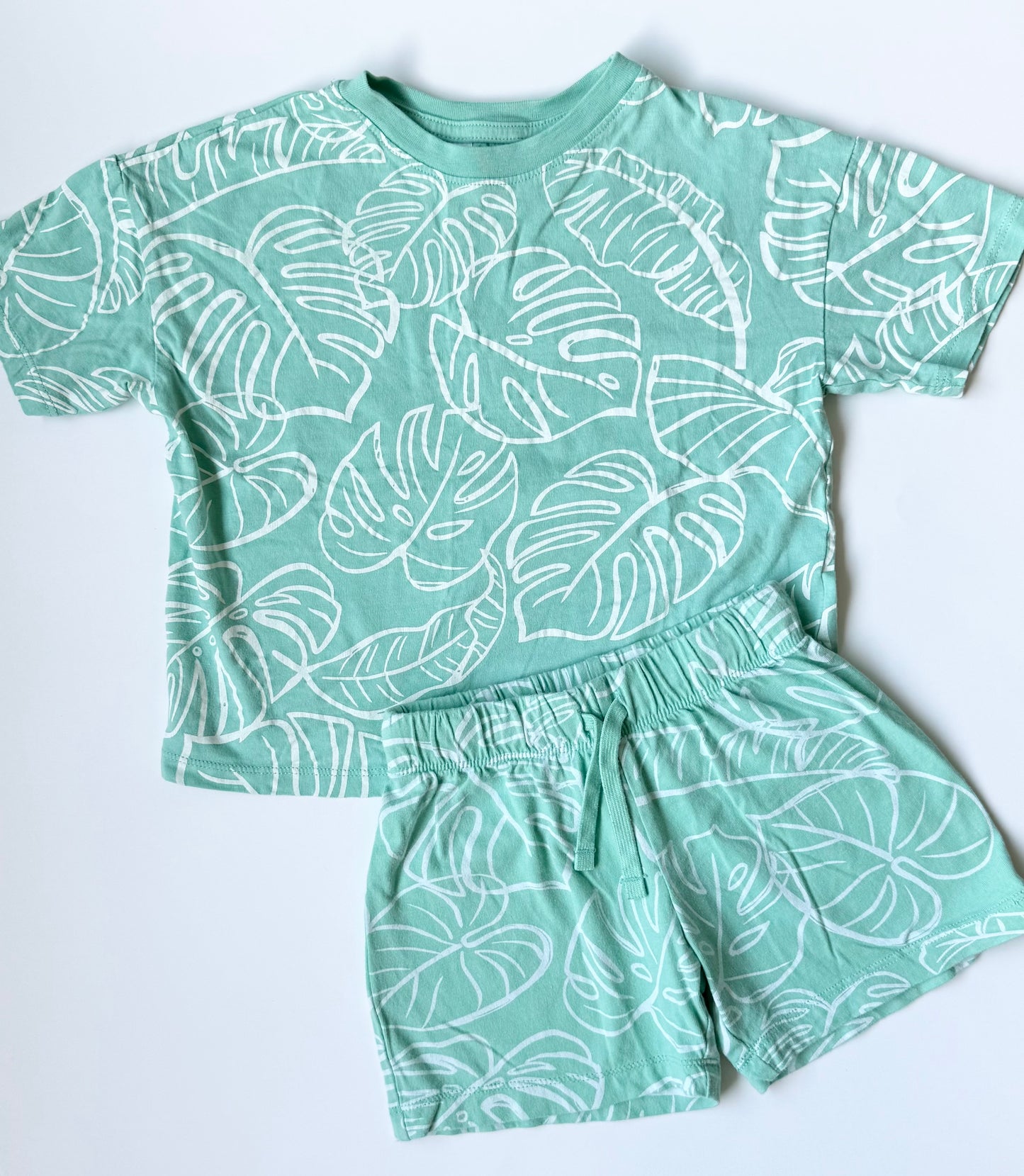 H&M Aqua & White Tropical Leaves T-Shirt & Shorts Matching Set (18-24 Months)