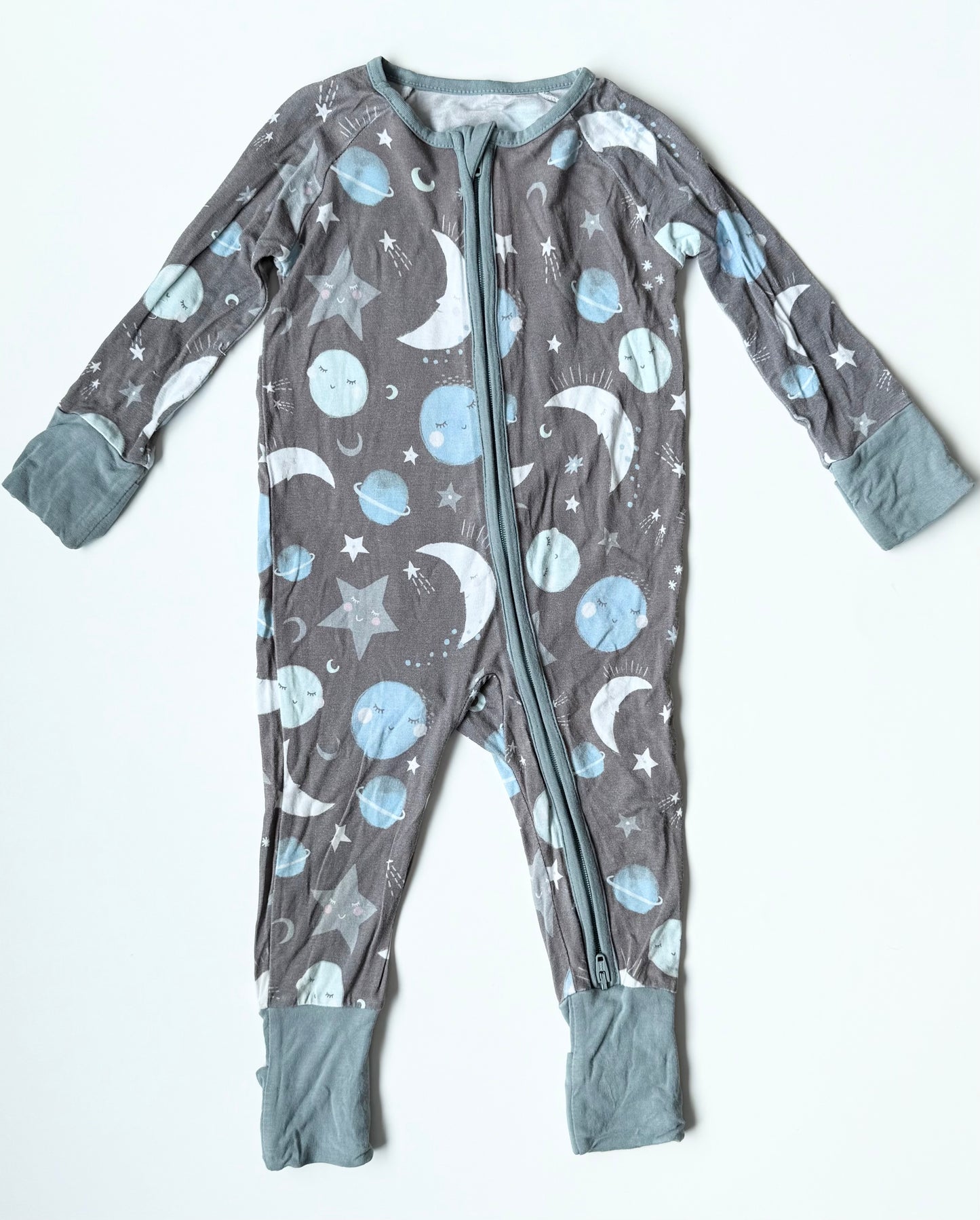 Little Sleepies To The Moon & Back Sleeper Romper in Grey/Blue (3-6 Months)