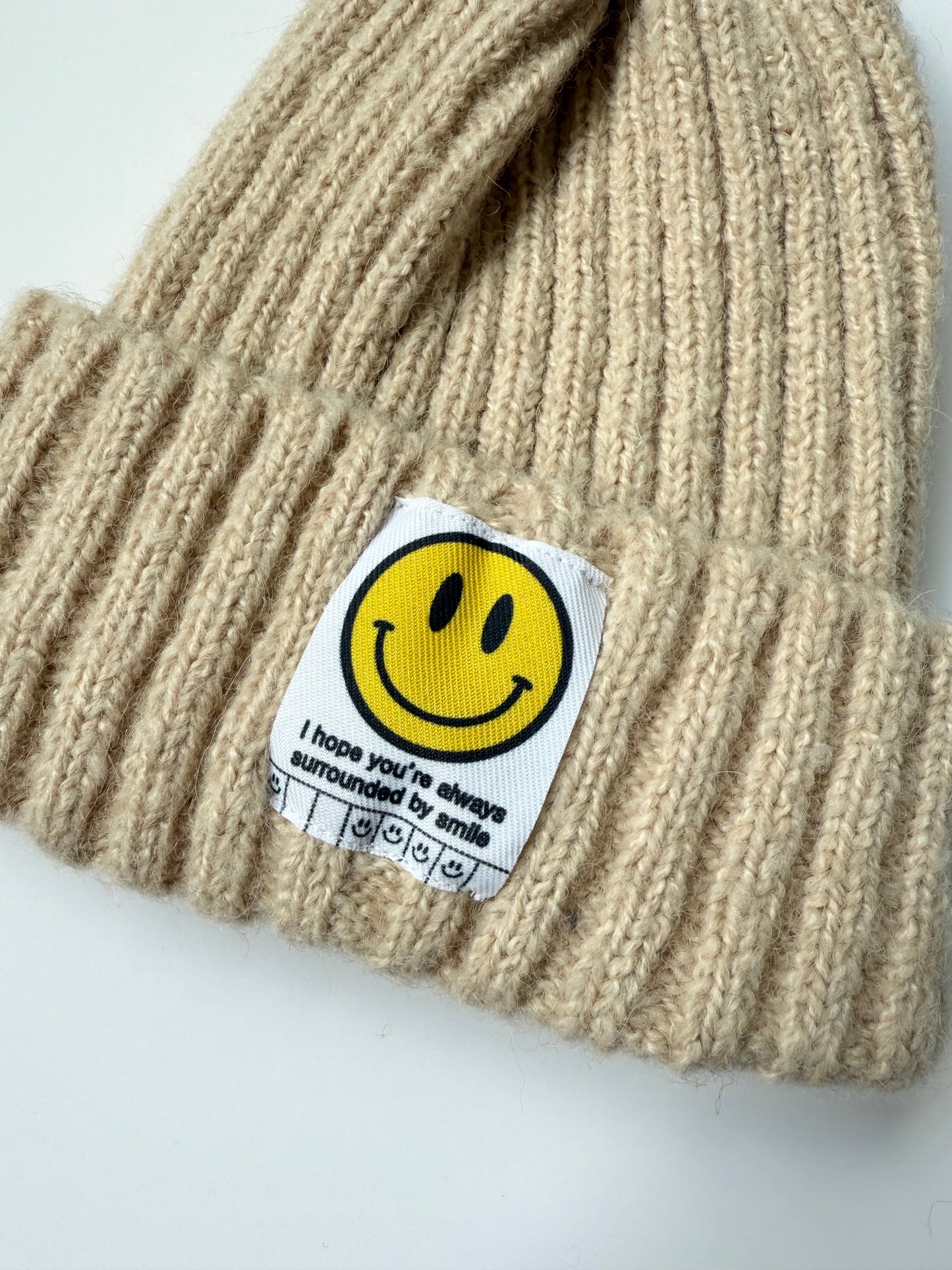 Smitn Bebe Tan Knit Smiley Beanie (One Size - 12-24 Months)