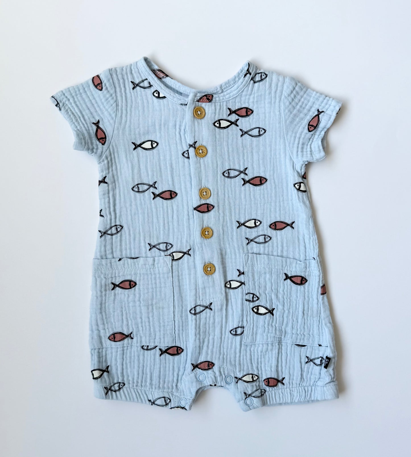 Deux Par Deux Light Blue Fishy Muslin Romper (3 Months)