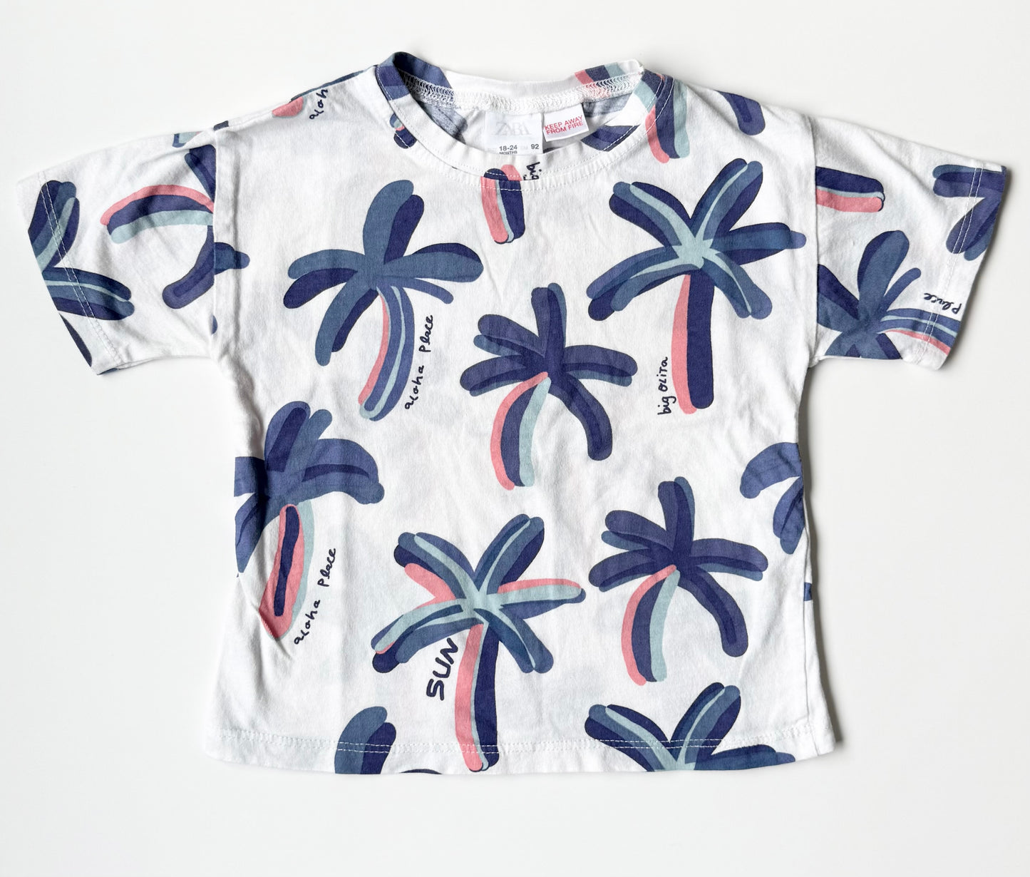 Zara White & Blue Palm Trees T-Shirt (18-24 Months)