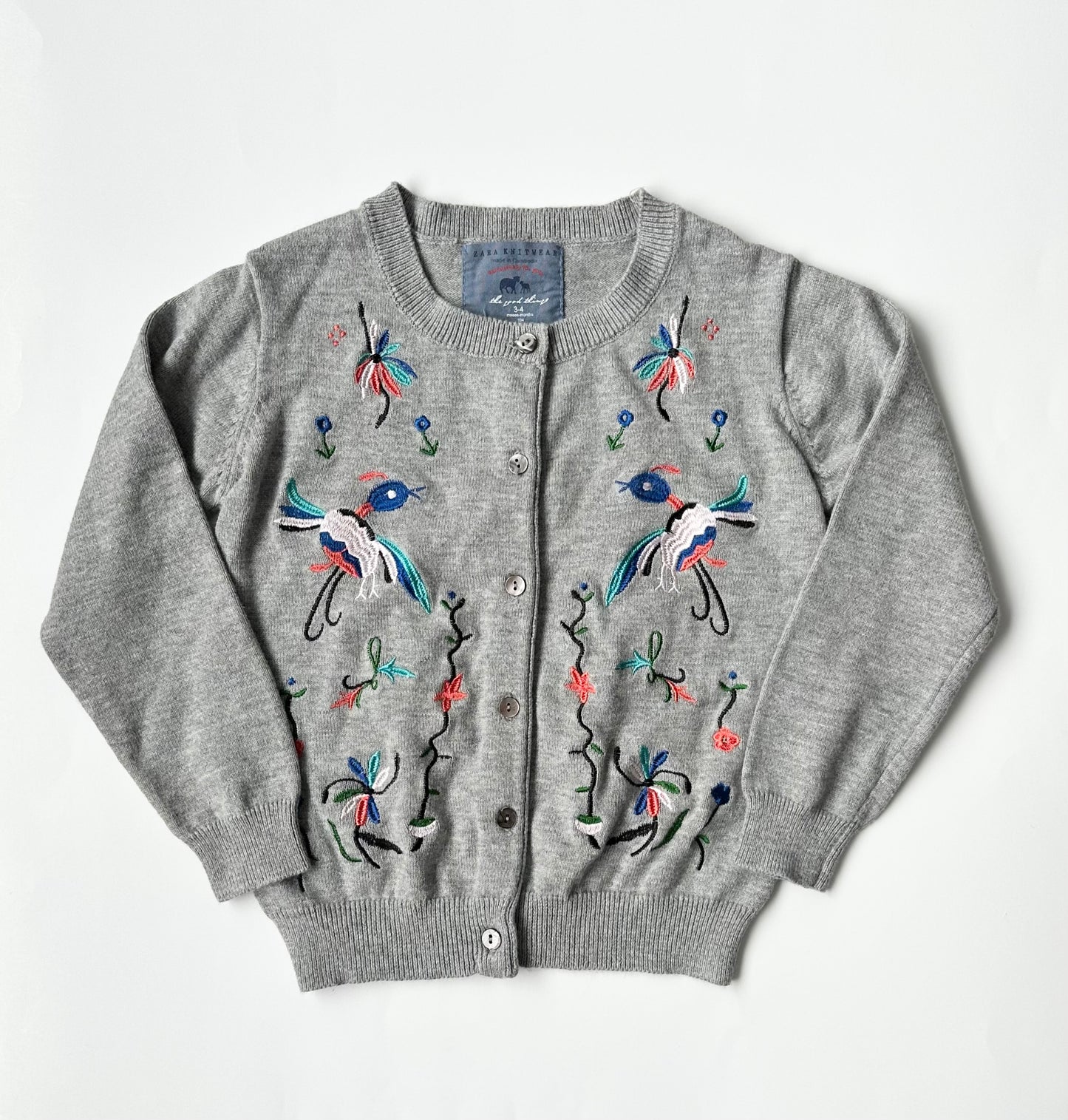 Zara Grey Embroidered Birds Cardigan (3-4 Years)
