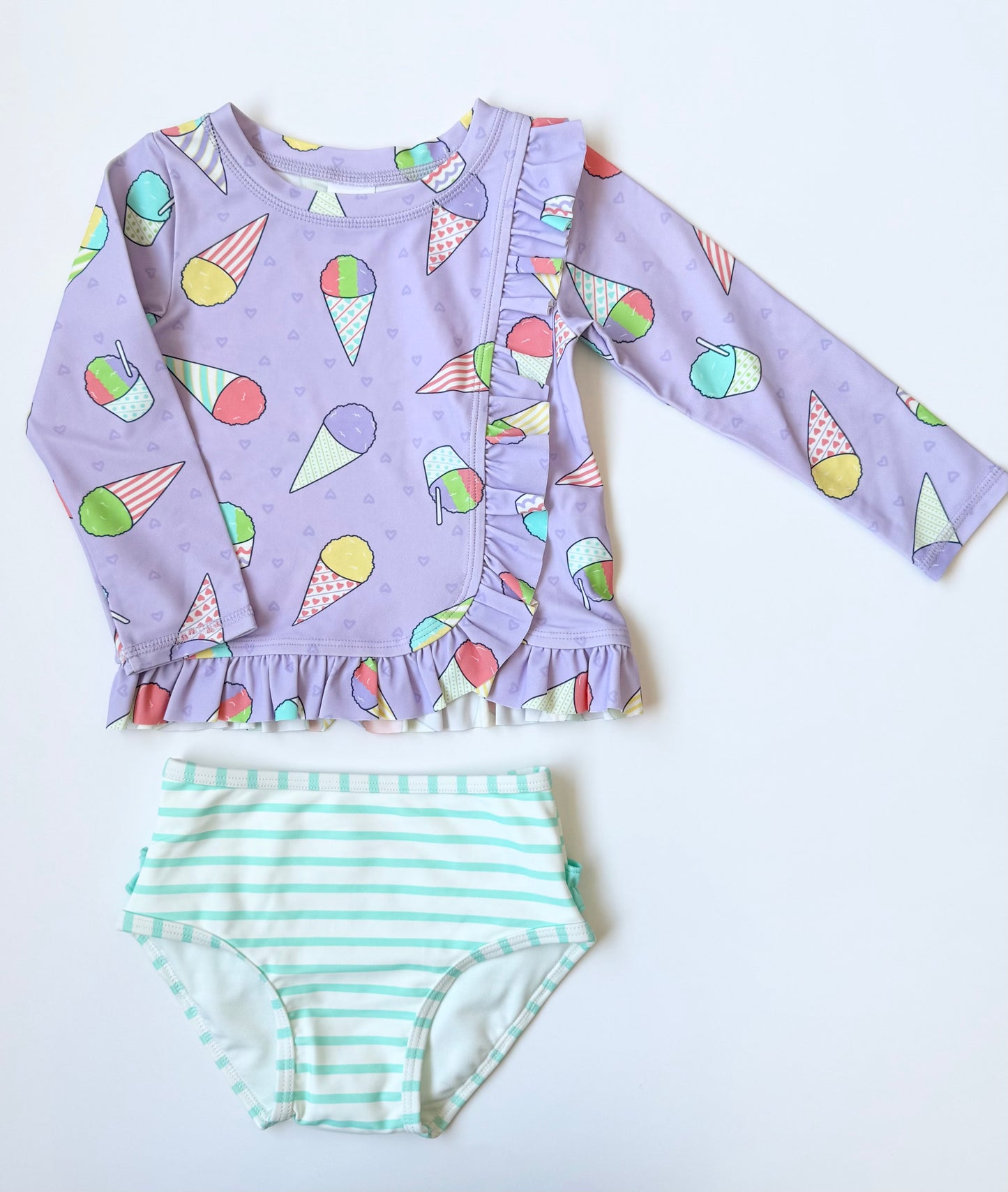 Ruffle Butts Purple Snow Cones Long Sleeve Top & Mint Stripped Bottoms Two Piece Swimsuit - New (2T)