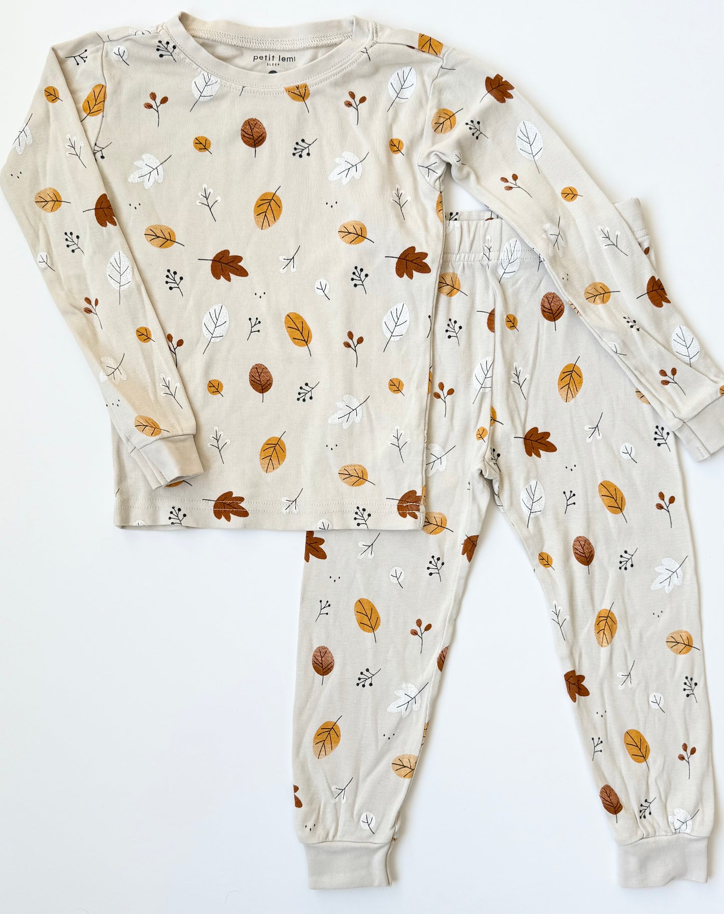 Petit Lem Beige Fall Leaves Two Piece PJ Set (3T)