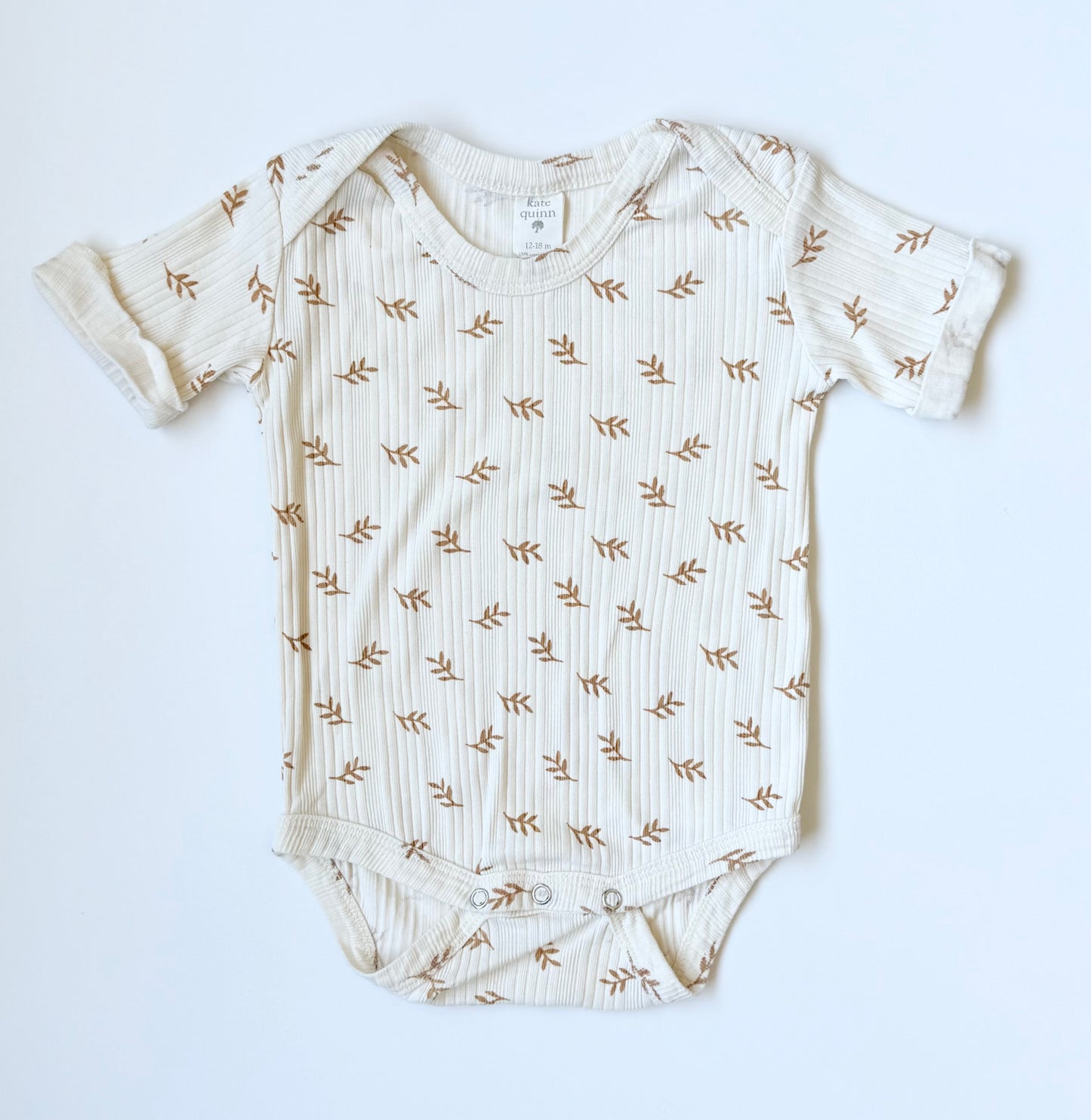 Kate Quinn White & Brown Leaves Ribbed Short Sleeve Bodysuit (12-18 Months)