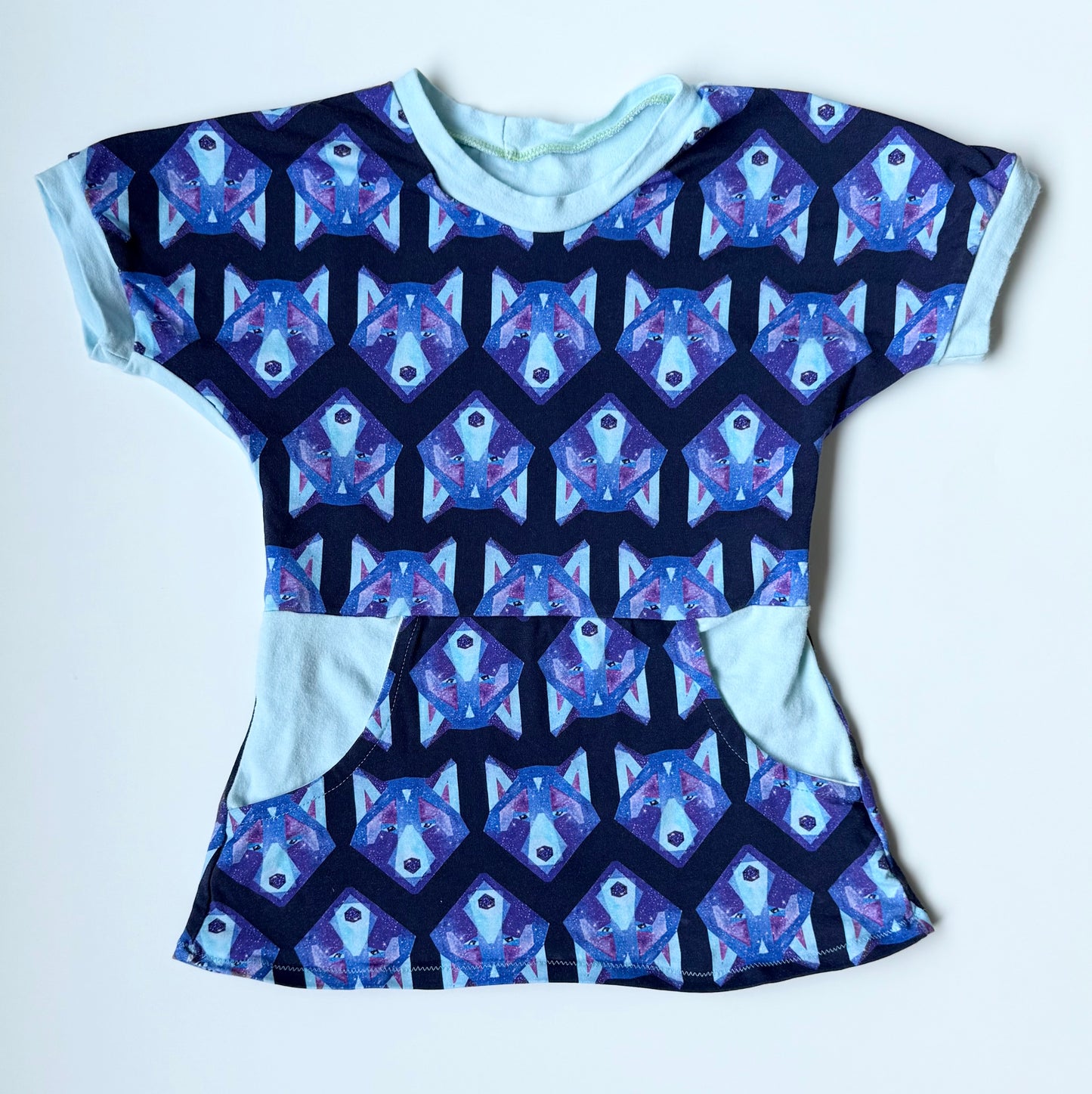 Handmade Blue Geometric Wolves Peplum Short Sleeve (3/4T)