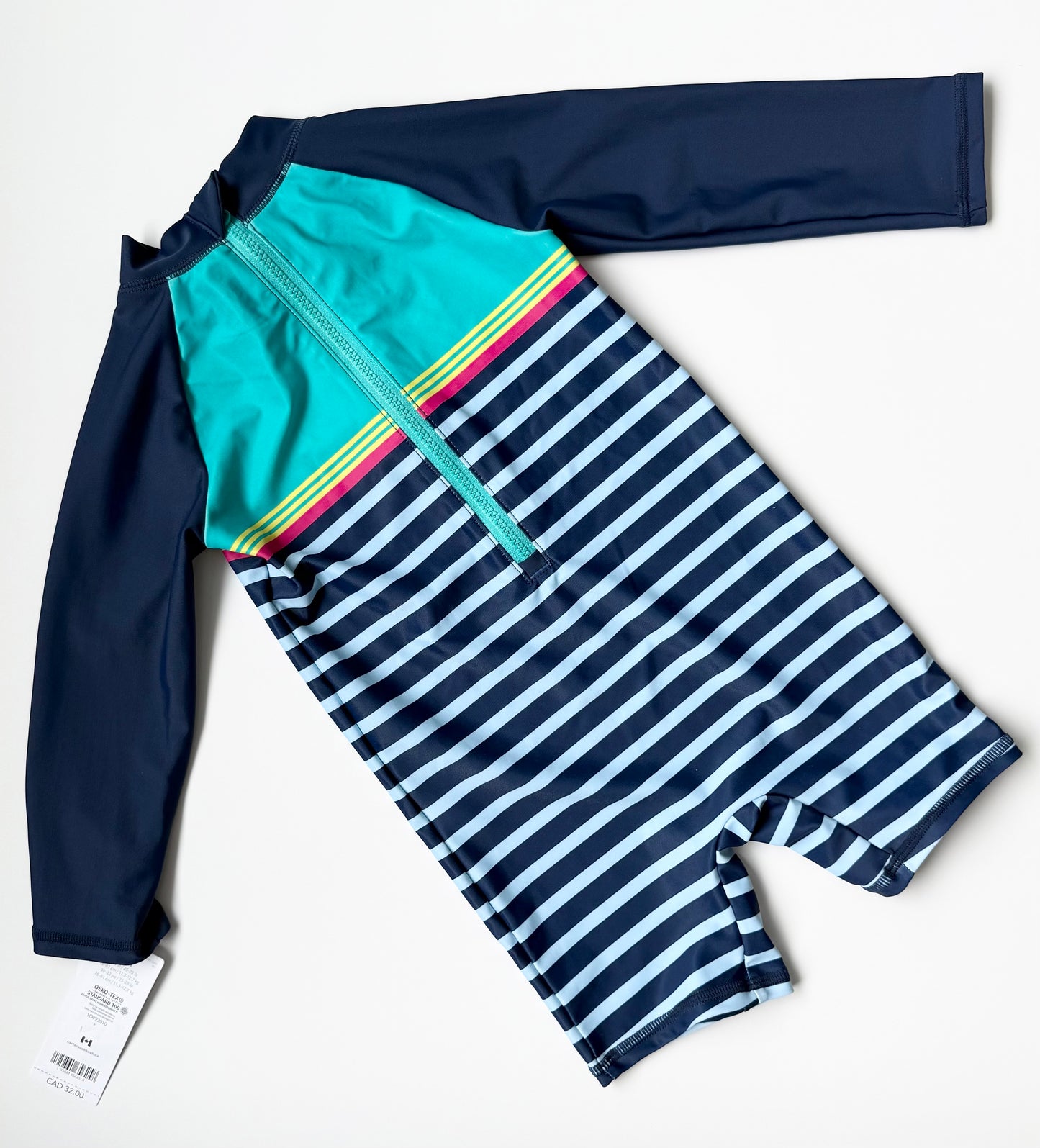 Carters Navy & Color Striped Long Sleeve & Shorts Rashguard One Piece Swimsuit - New (18 Months)