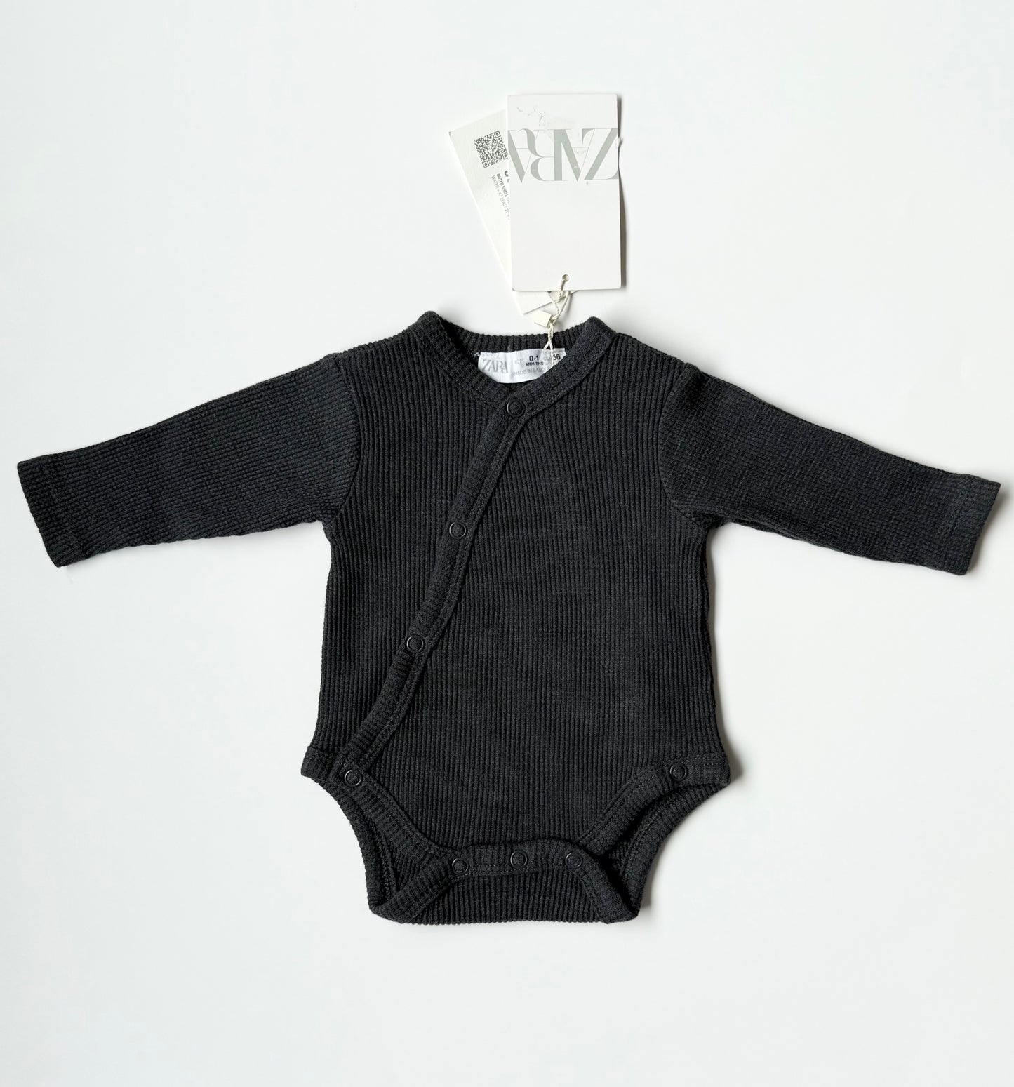 Zara Dark Grey Waffled Kimono Bodysuit - New (0-1 Months)