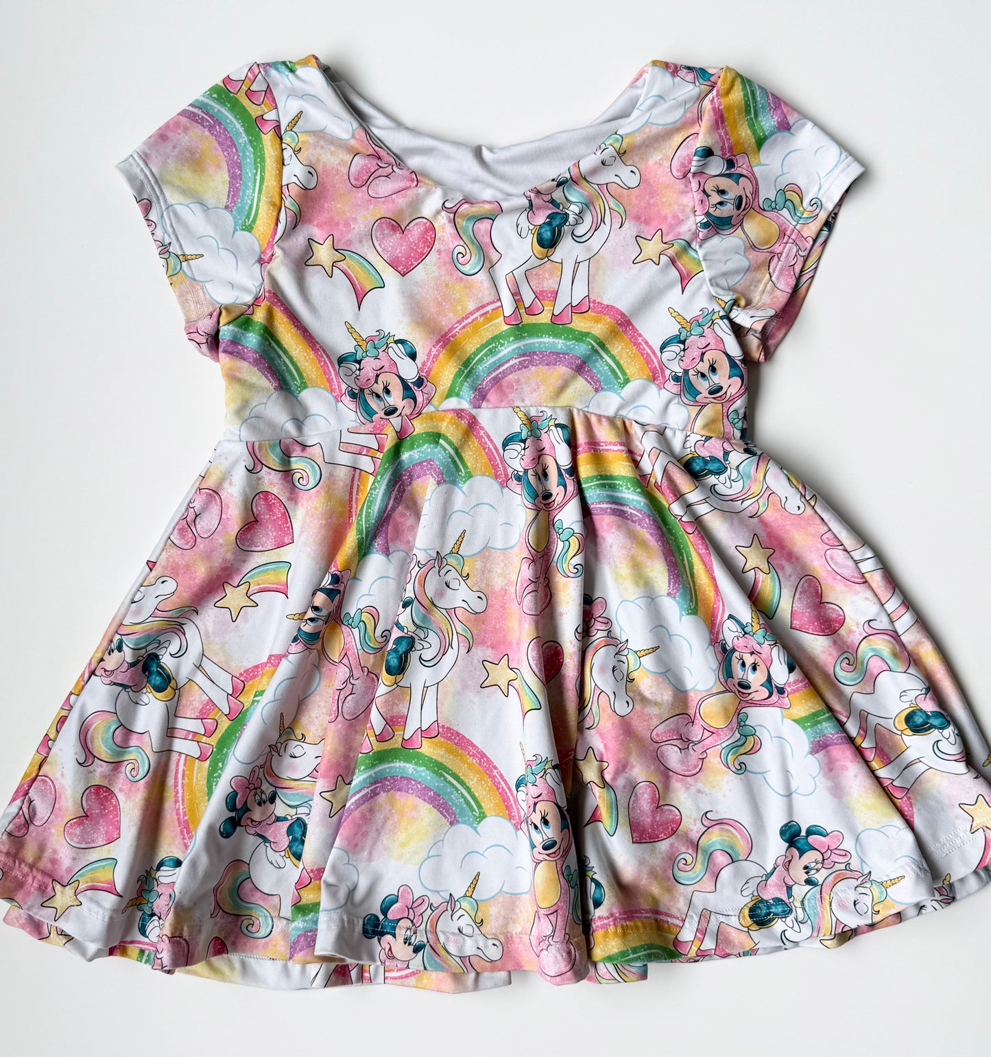 Little Lovies Closet x Disney White Rainbow Minnie Unicorns Short Sleeve Dress (5/6 Years)