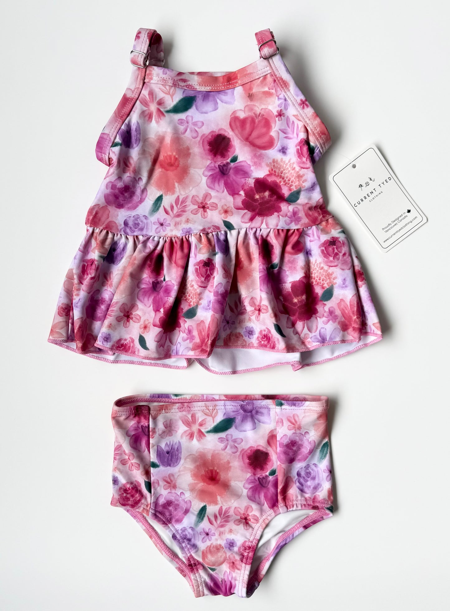 Current Tyed “The Mila” Pink Watercolour Floral Swing Tank Bikini Two Peice Set - New (6-12 Months)