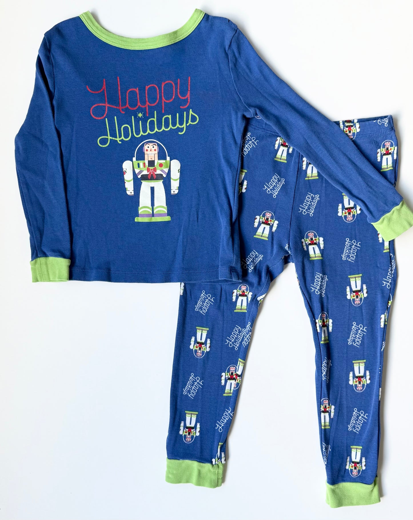 Joe Fresh x Disney Buzz Lightyear Blue & Green Happy Holidays Two Piece PJ Set (3T)
