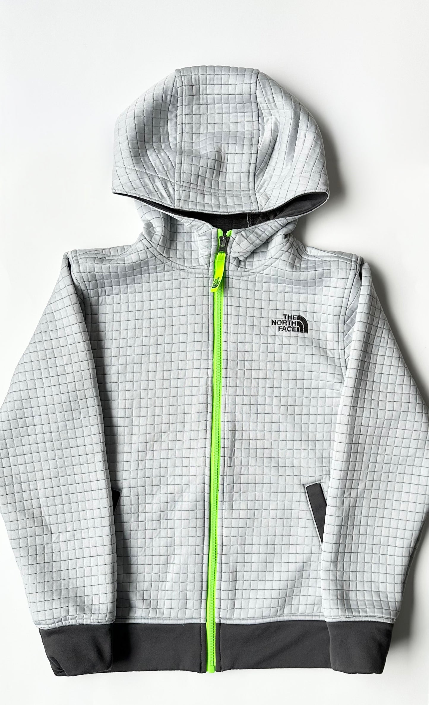 The North Face Grey & Neon Green Quilted Hooded Sweater - Medium (10-12 Years)