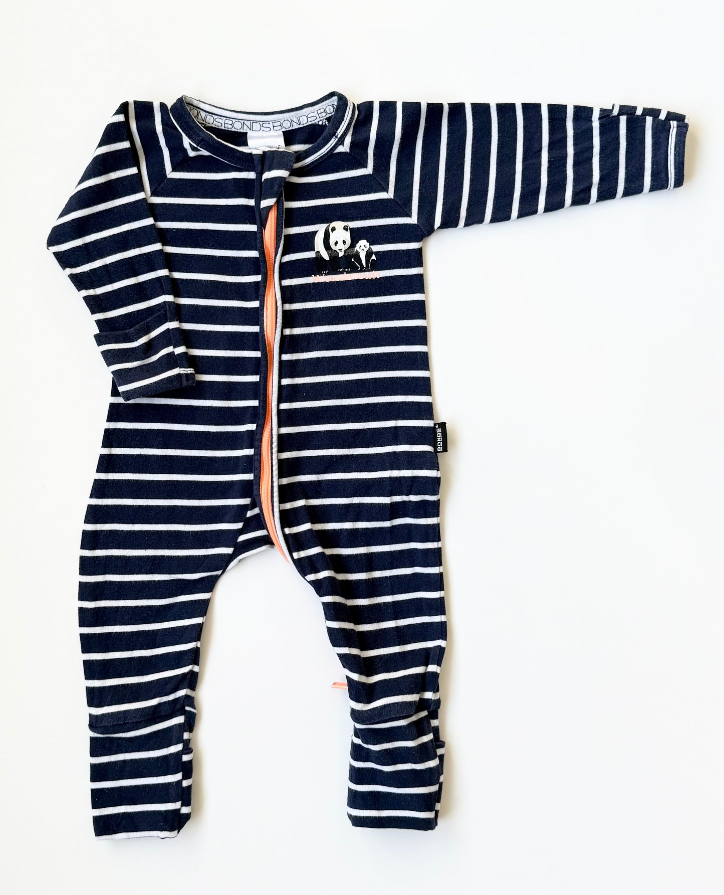 Bonds Wondersuit Blue & White Stripped Panda Sleeper Romper (0-3 Months)
