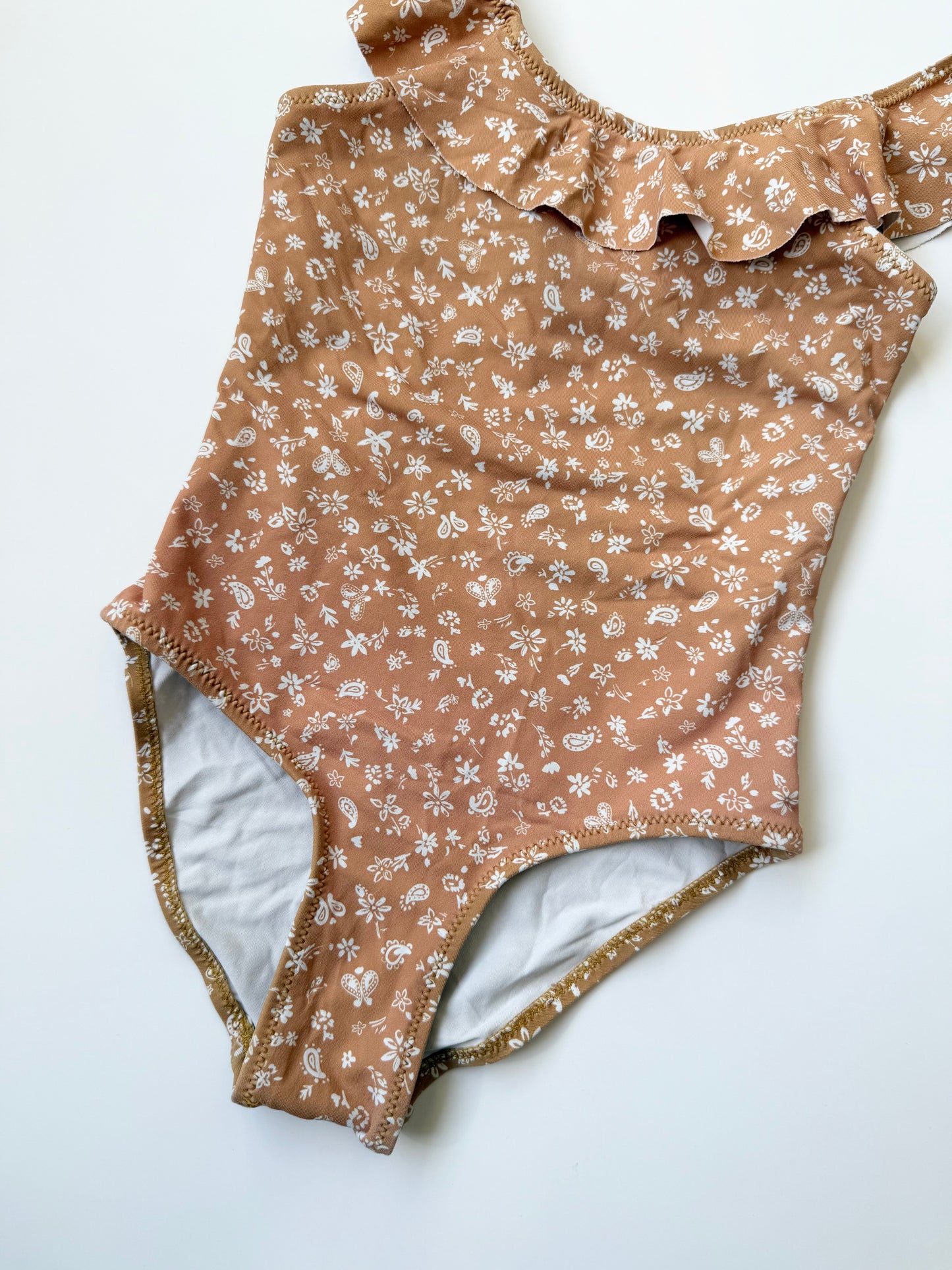Zara Light Brown & Dainty White Florals Ruffle Collar One Piece Swimsuit (4-5 Years)