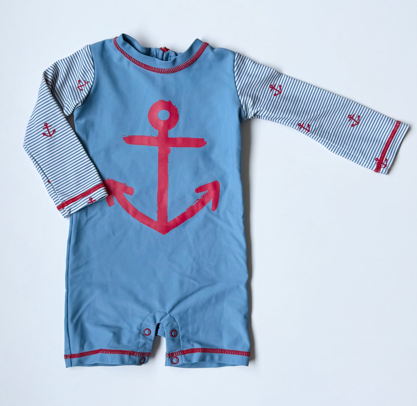 Hatley Rashguard Blue Stripped & Red Anchor Long Sleeve One Piece Swimsuit (3-6 Months)