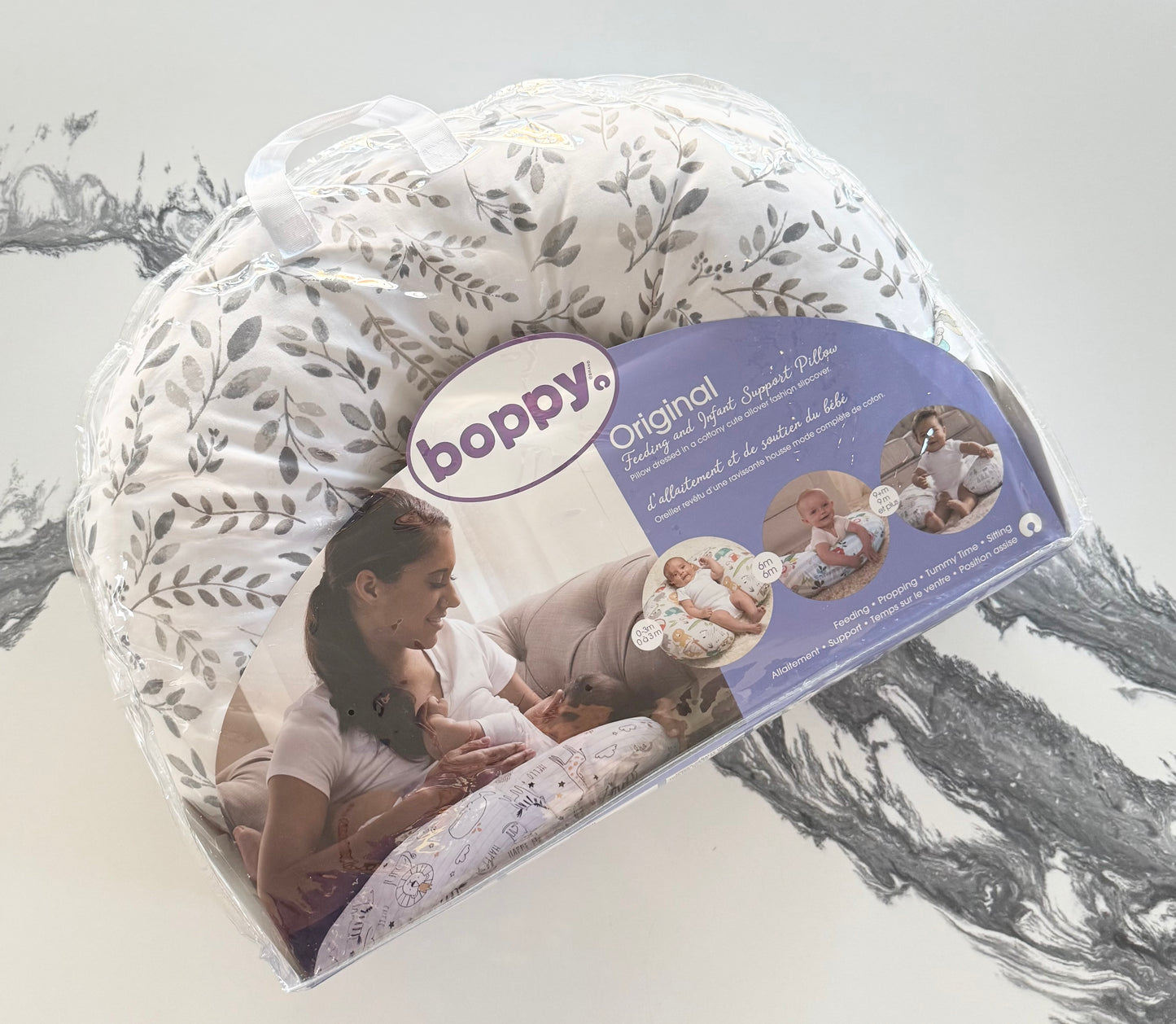 Boppy Original Feeding & Infant Support Pillow - White & Grey Leaves