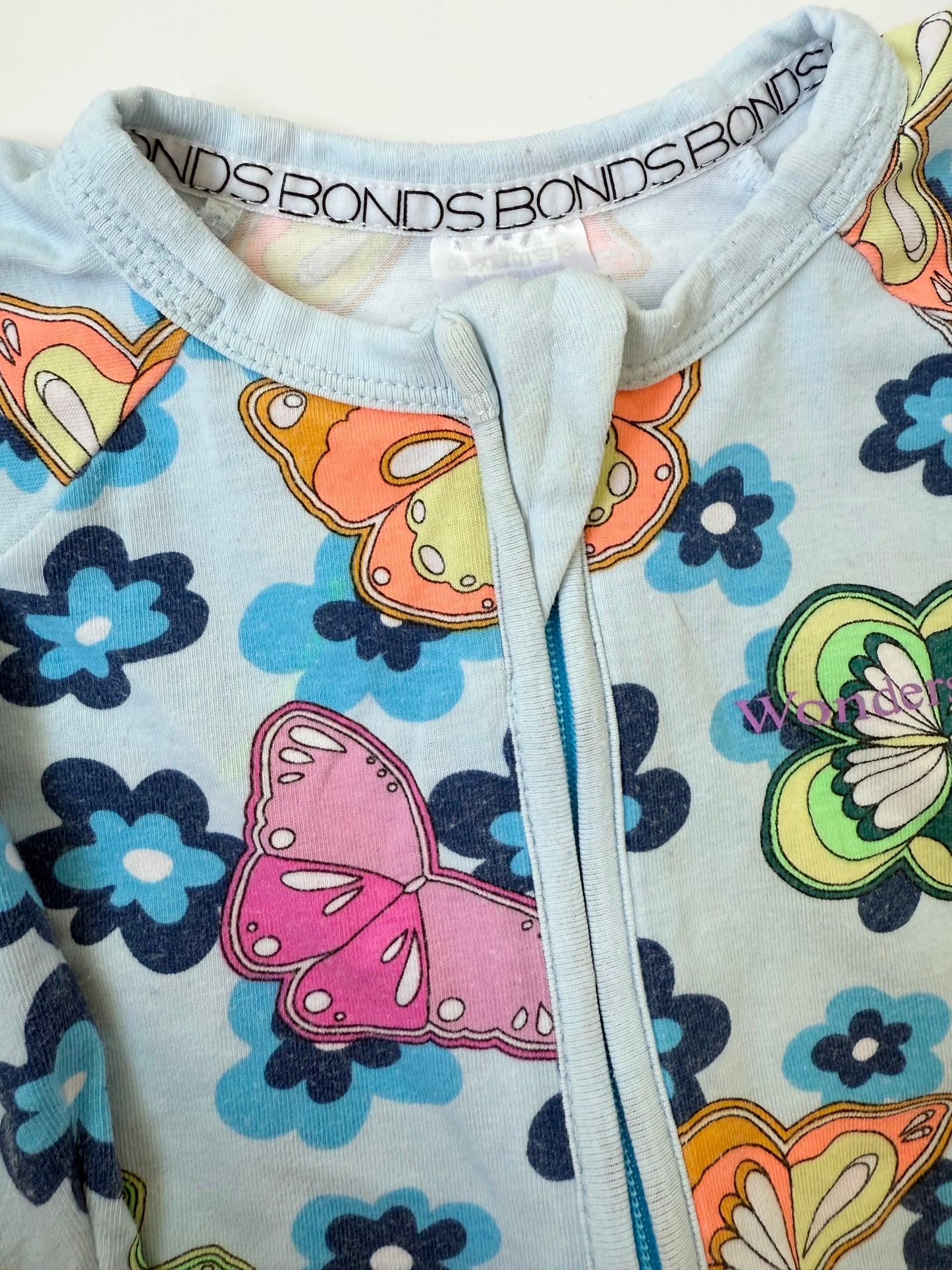 Bonds Wondersuit Blue & Colourful Butterflies Sleeper Romper (3-6 Months)