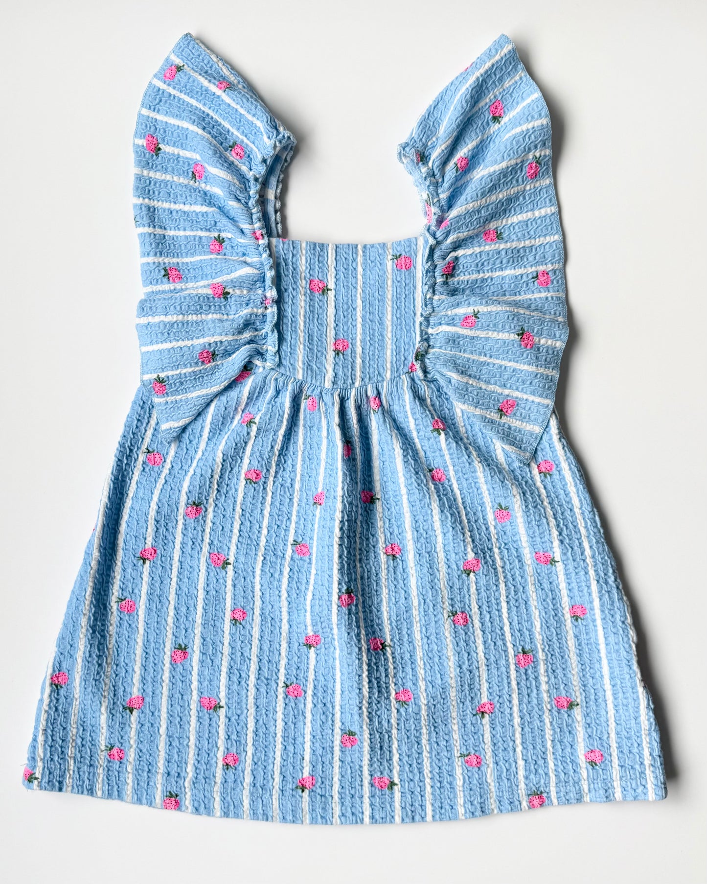 Zara Blue & White Striped Textured Strawberries Flutter Short Sleeve Dress (5 Years)