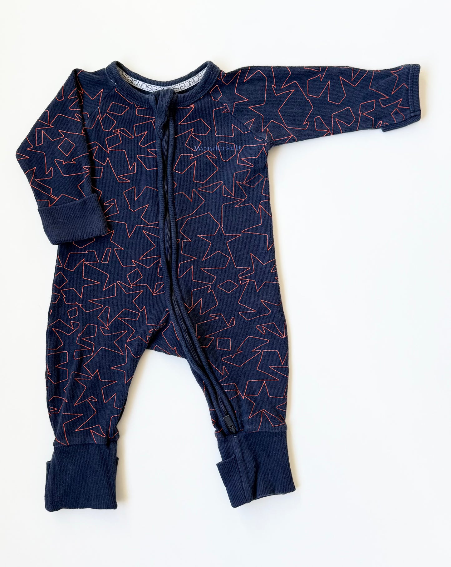 Bonds Wondersuit Navy & Orange Stars Ribbed Sleeper Romper (0-3 Months)