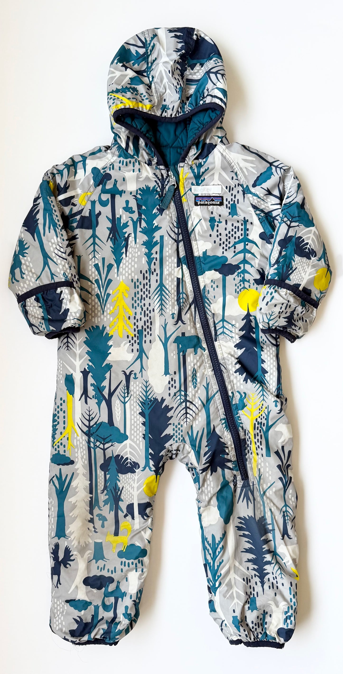 Patagonia Navy Woodland Creatures Reversible Puff-Ball Bunting Suit (12-18 Months)