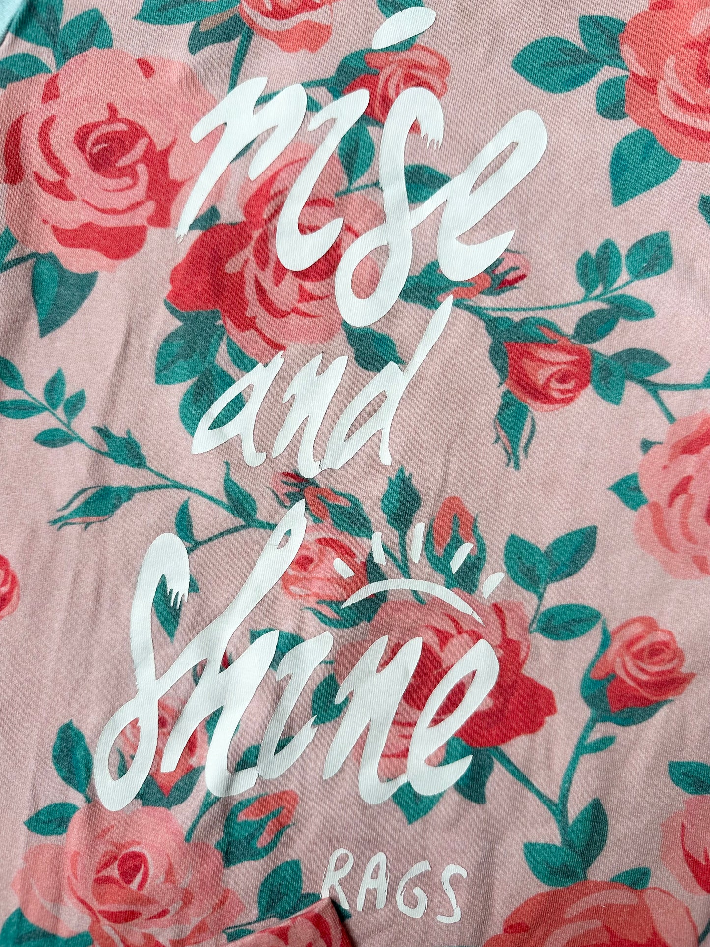 RAGS Light Pink Roses & Baby Blue Hooded “Rise & Shine” Short Sleeve Romper (2T)